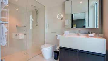 Une salle de bain moderne avec une douche à parois de verre, des toilettes blanches et un meuble-lavabo avec un miroir.