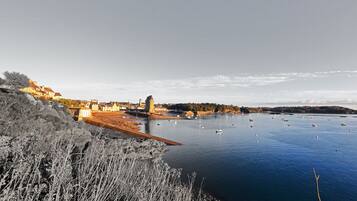 A coastal town with a harbor, boats, and buildings along the shore.