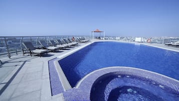 Outdoor pool, open 8:00 AM to 8:00 PM, pool umbrellas, sun loungers