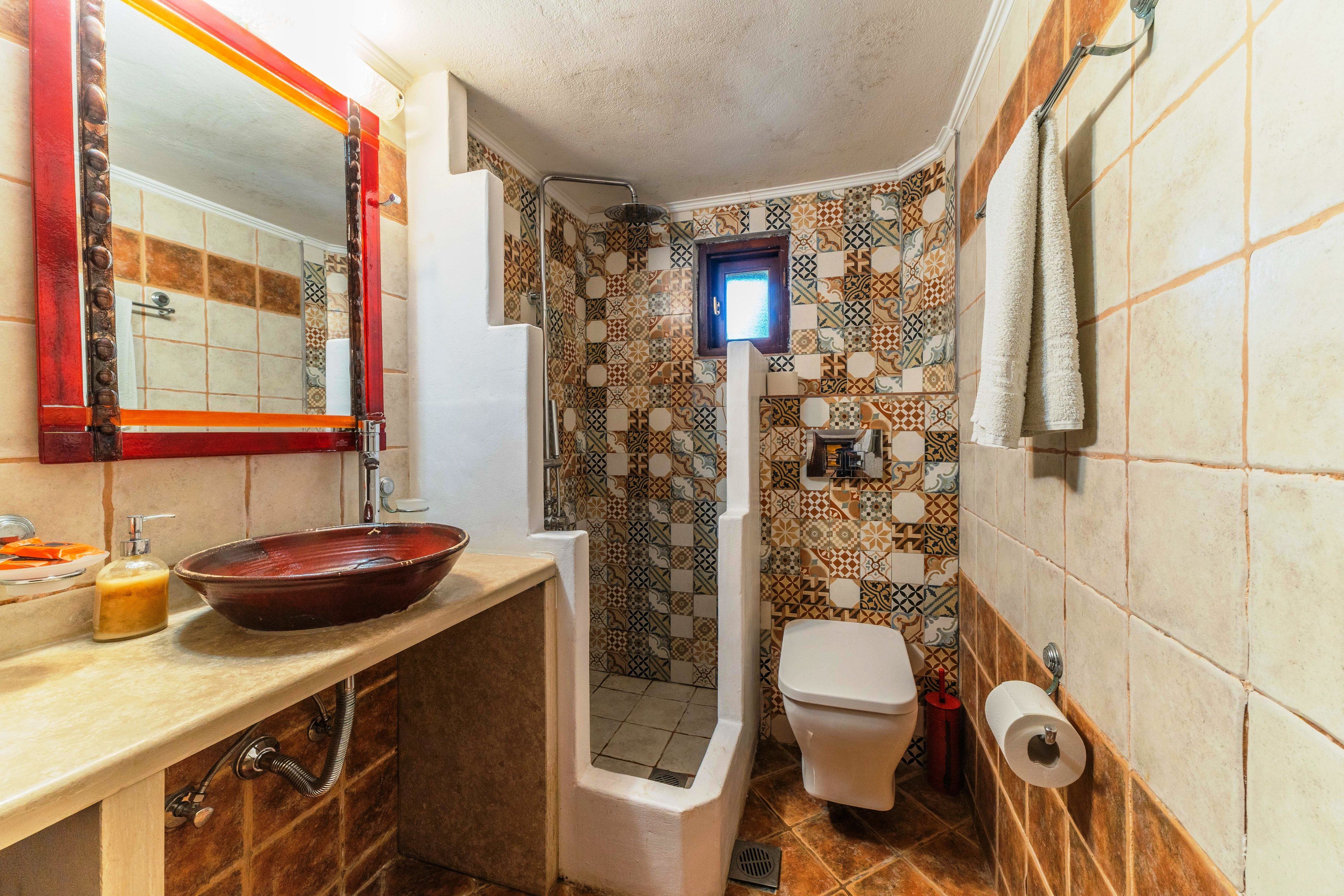 Une salle de bain avec un grand miroir, un lavabo sur colonne, une douche et des toilettes.
