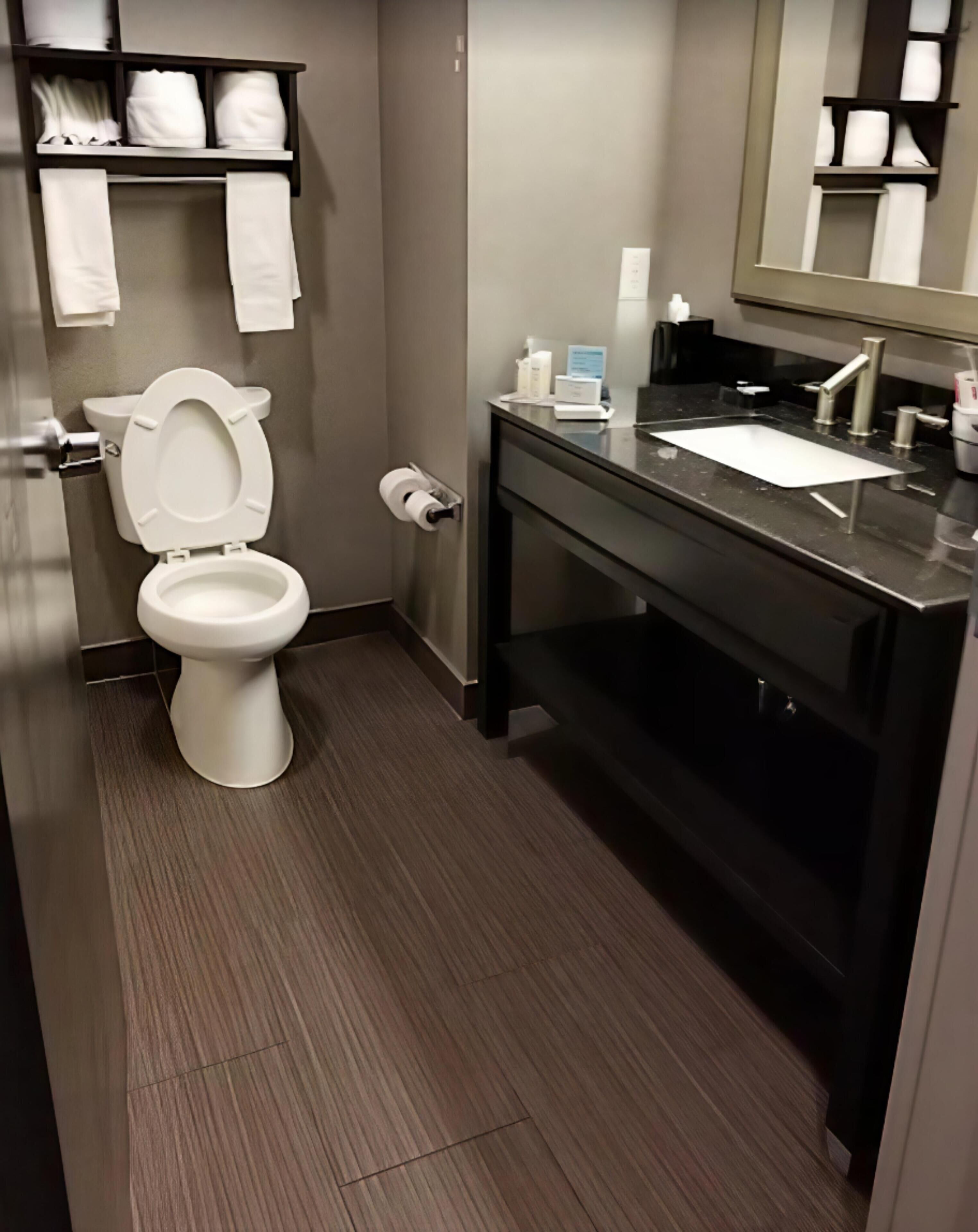 A modern bathroom with a white toilet, a black sink, and a mirror above the sink.