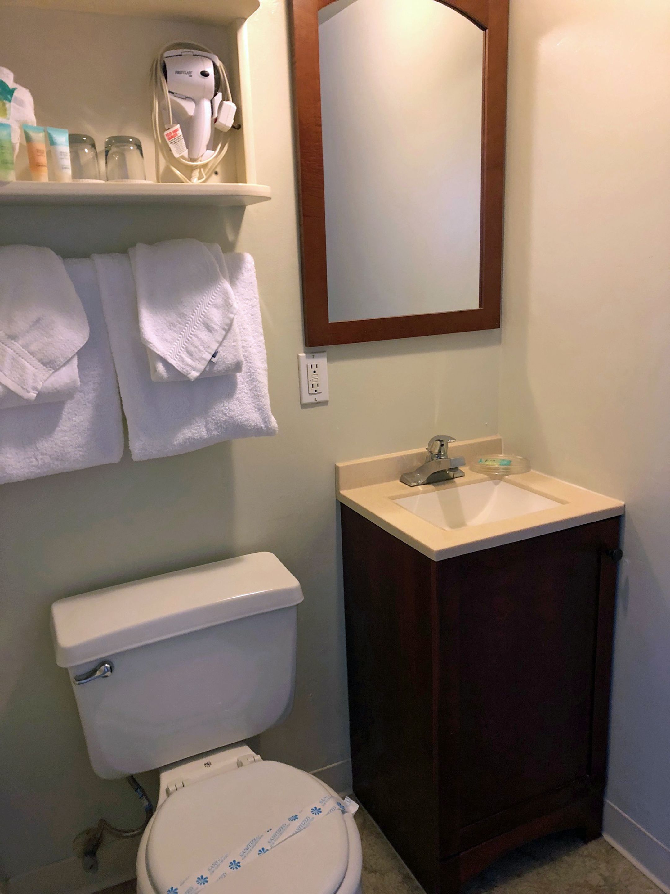 standard room, 1 king bed (patio level, pet friendly, room 4) | bathroom | designer toiletries, hair dryer, towels