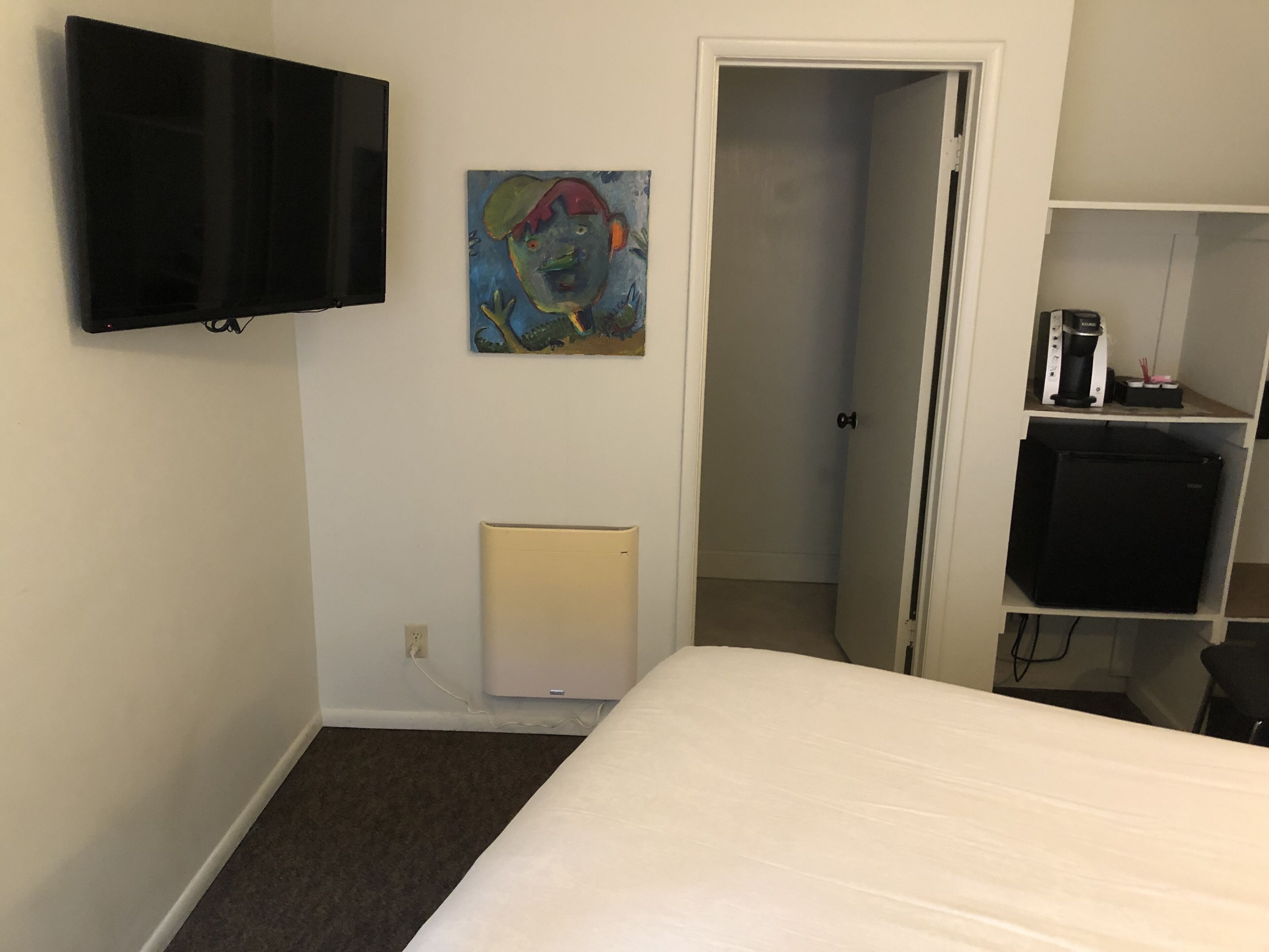 Habitación de hotel con una cama, un televisor de pantalla plana montado en la pared, un cuadro, un calentador y una cafetera.