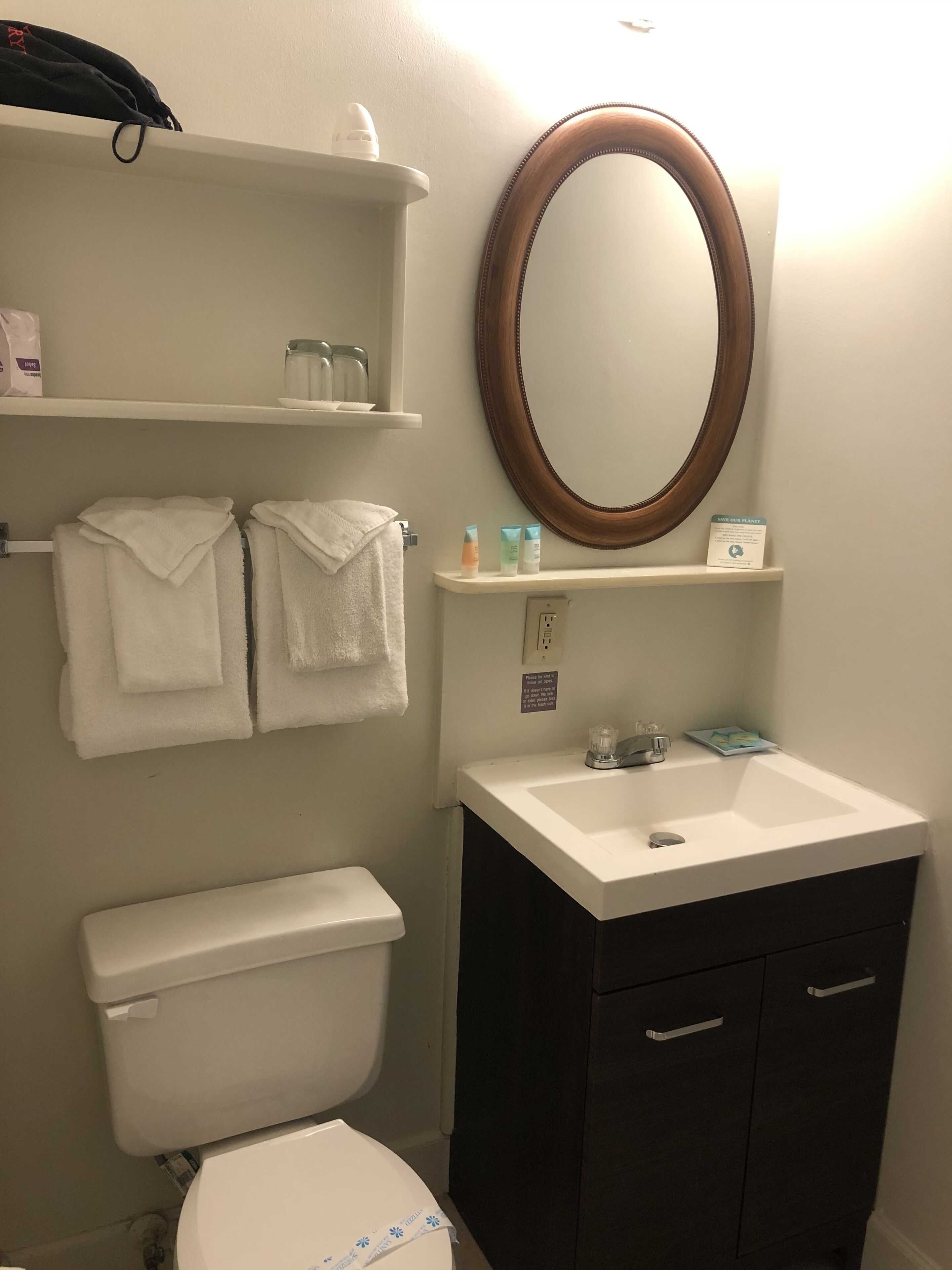economy room (pet friendly, room 18) | bathroom | designer toiletries, hair dryer, towels