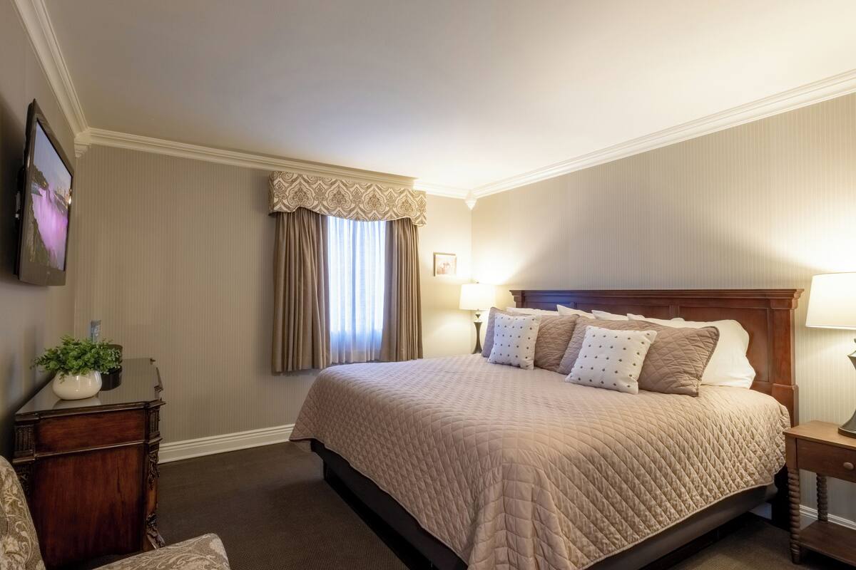 A neatly arranged hotel room with a large bed, a bedside table, a lamp, and a small plant.