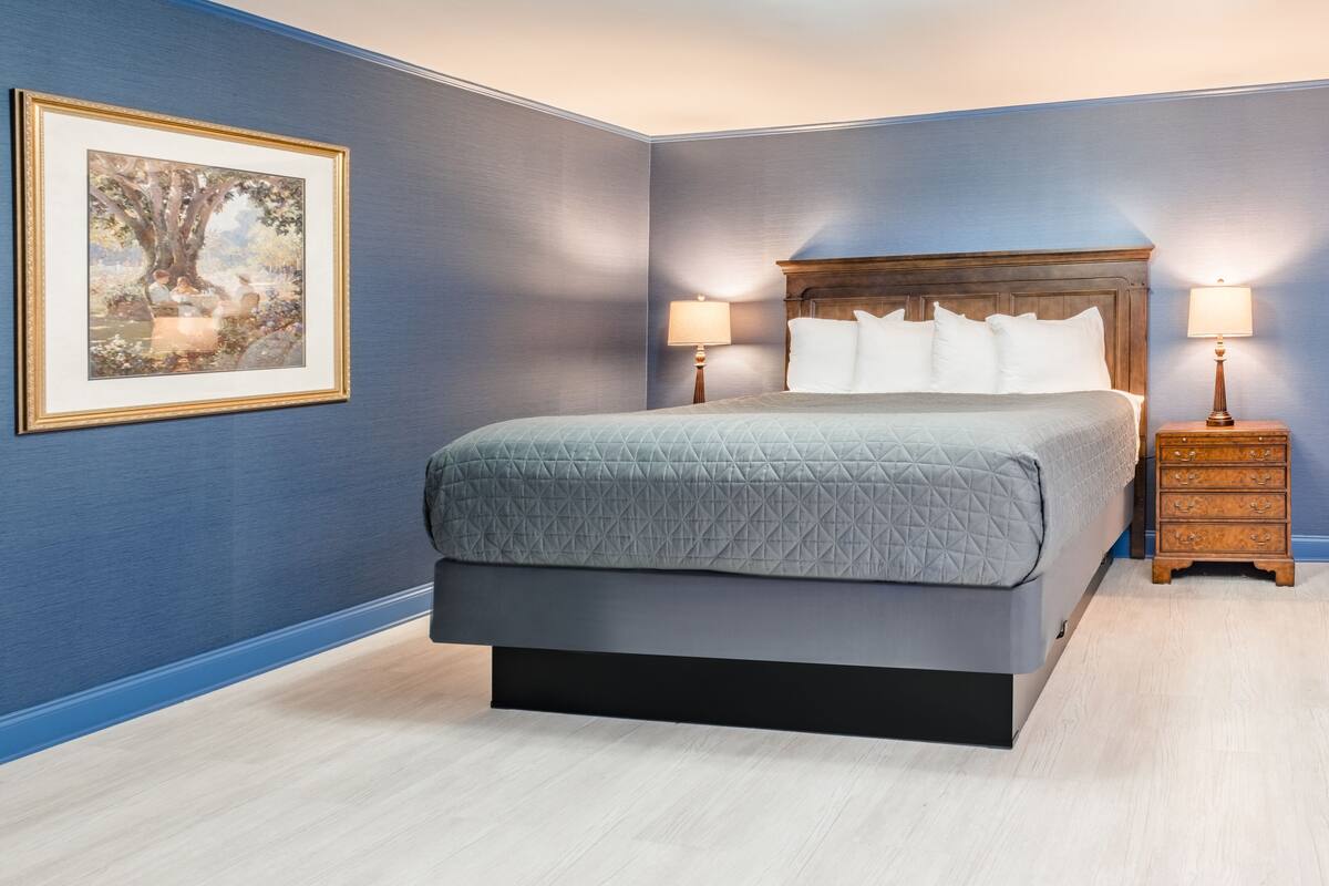 A bedroom with a large bed, two bedside tables with lamps, a framed picture on the wall, and a wooden nightstand.