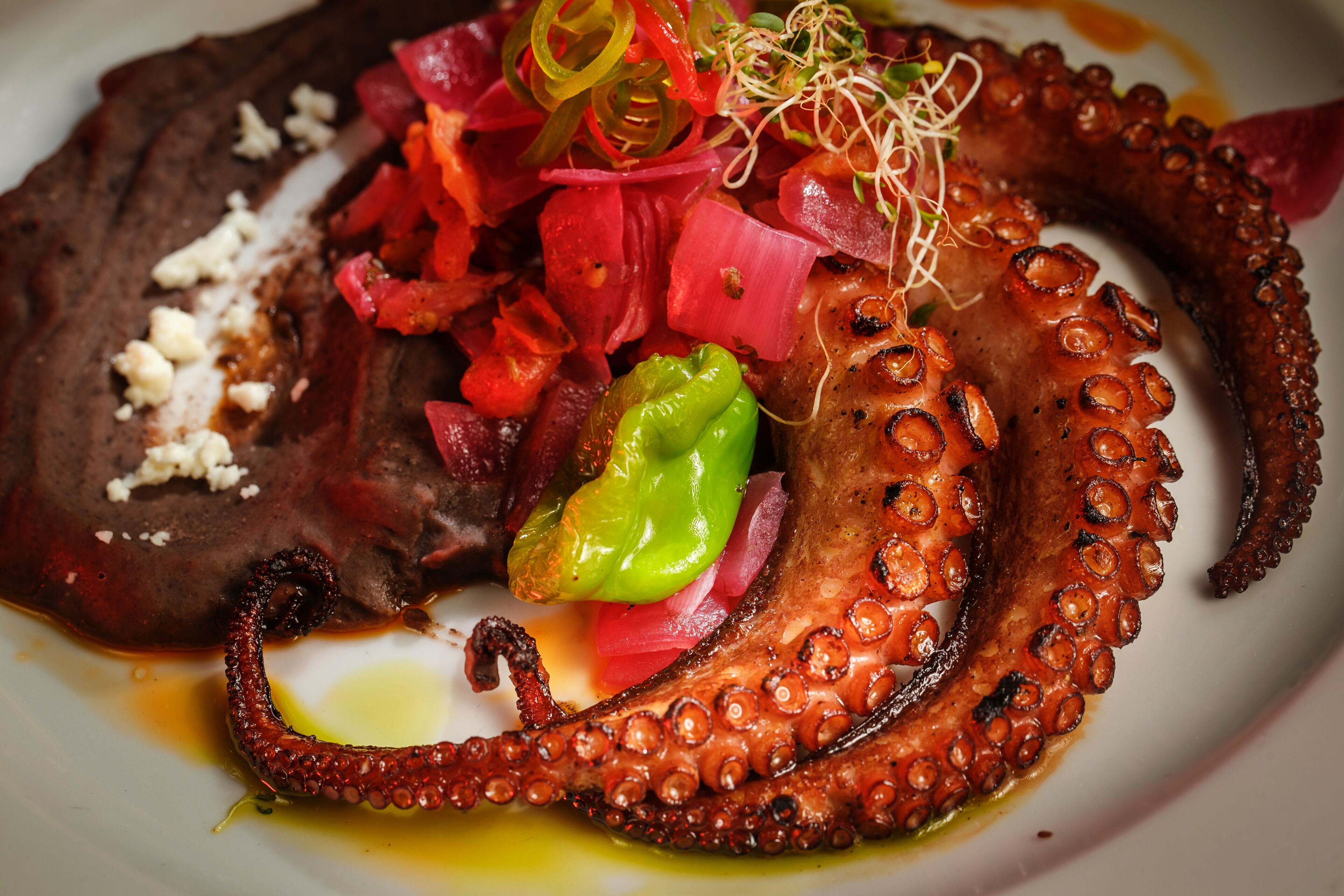 A plate of food with octopus, red onions, and a green pepper.