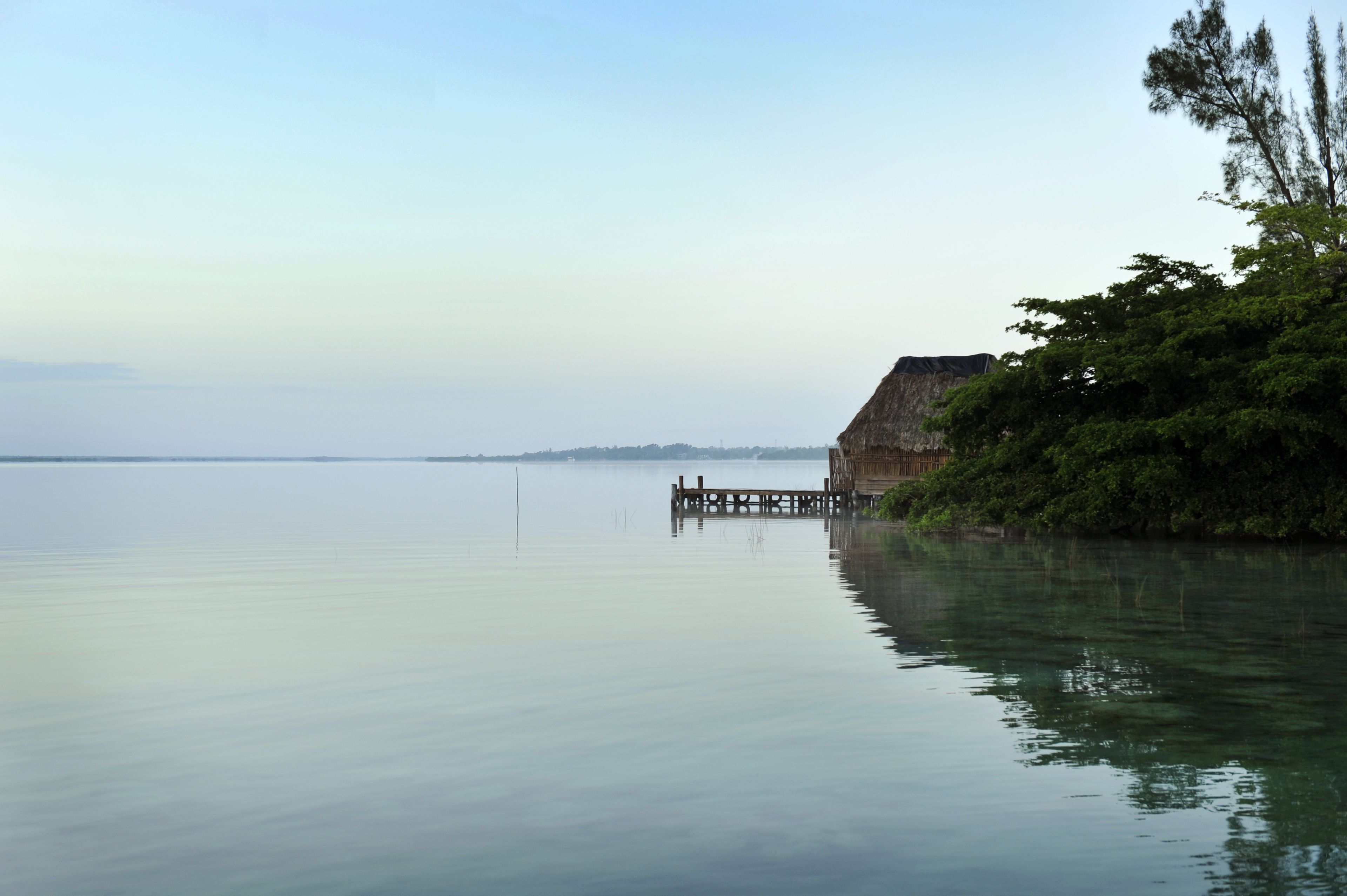 Un lago tranquilo con un muelle de madera que se adentra en el agua.