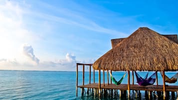 Playa privada y bote de remos o canoa