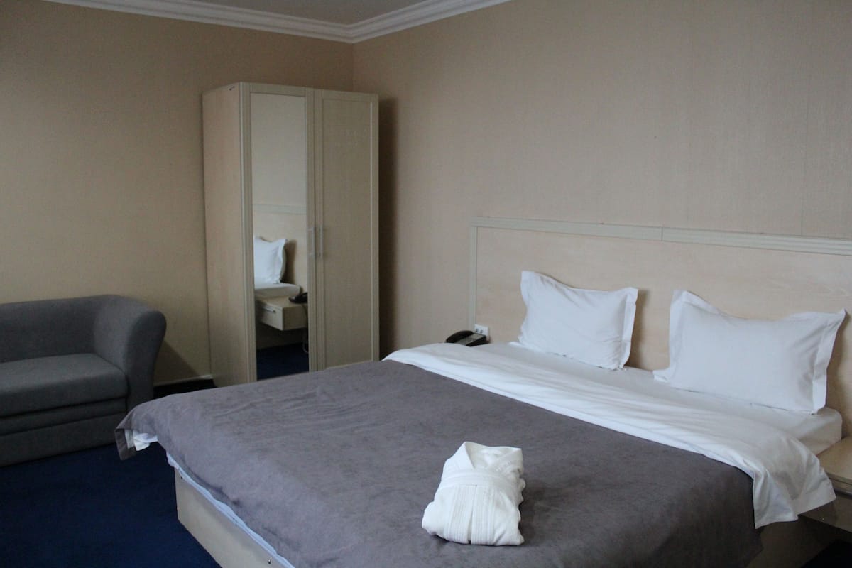 Una habitación de hotel con una cama, un sofá gris, un armario y una mesita de noche.