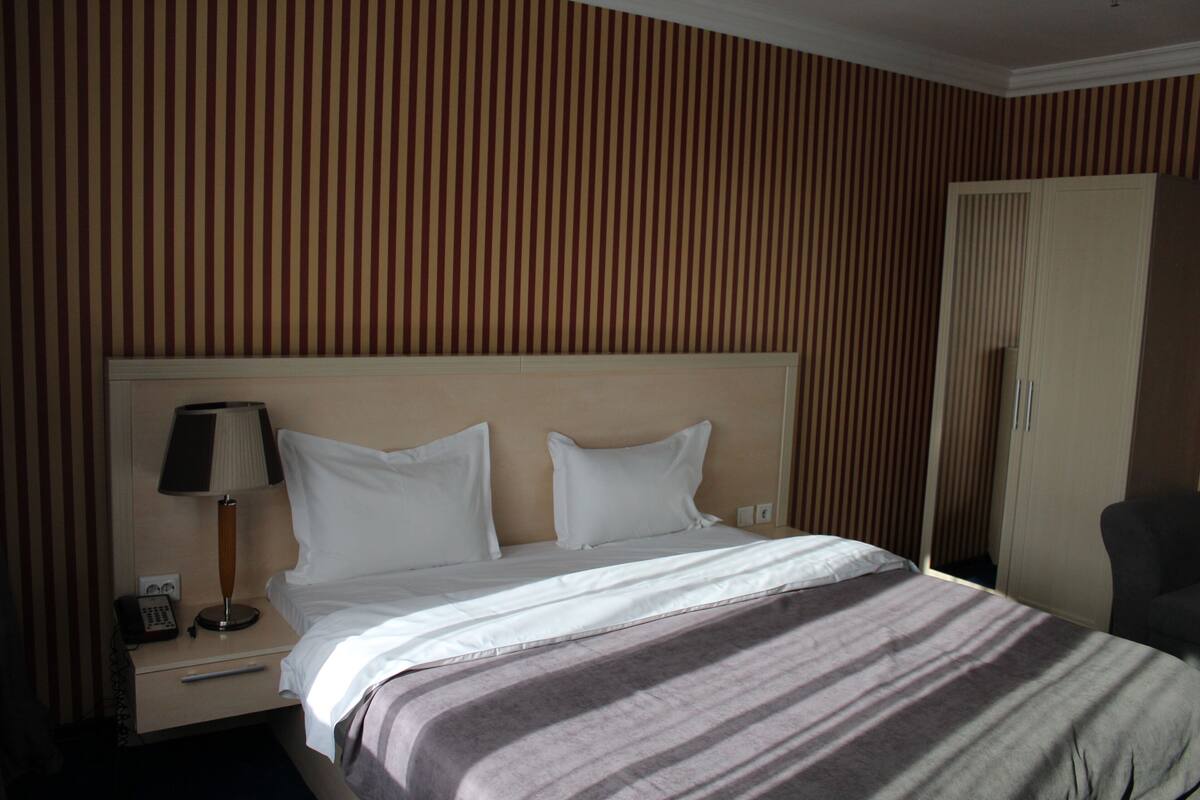 Una habitación de hotel con una cama grande, una mesita de noche con lámpara, un teléfono y un armario.