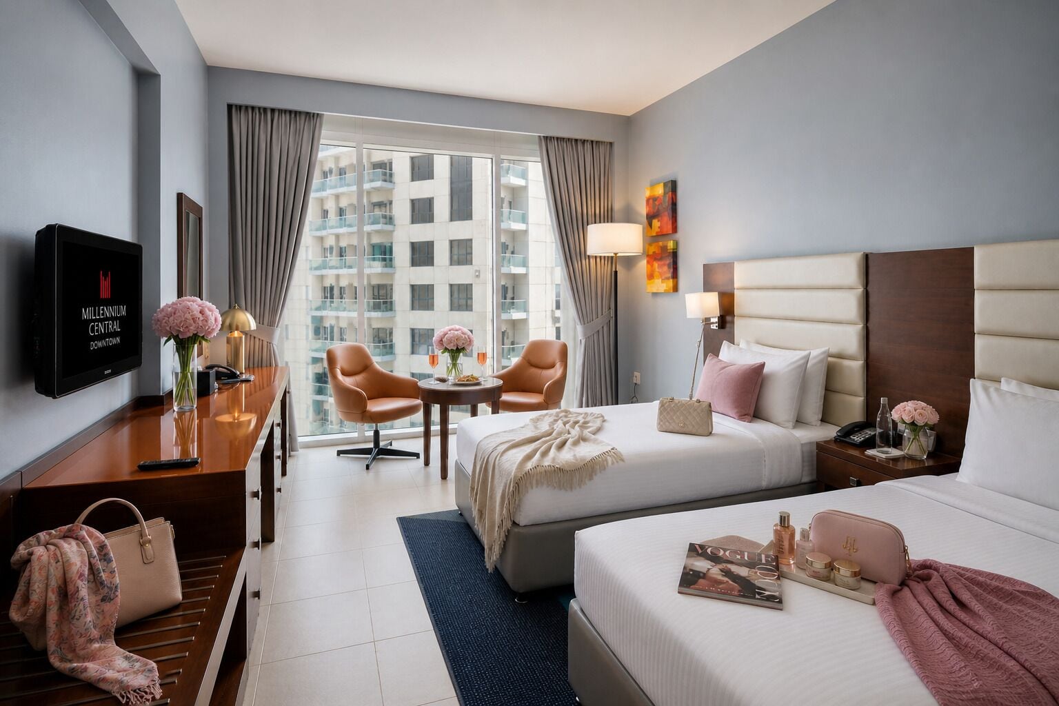 A hotel room with a bed, two armchairs, a desk with a TV, and a view of a building.