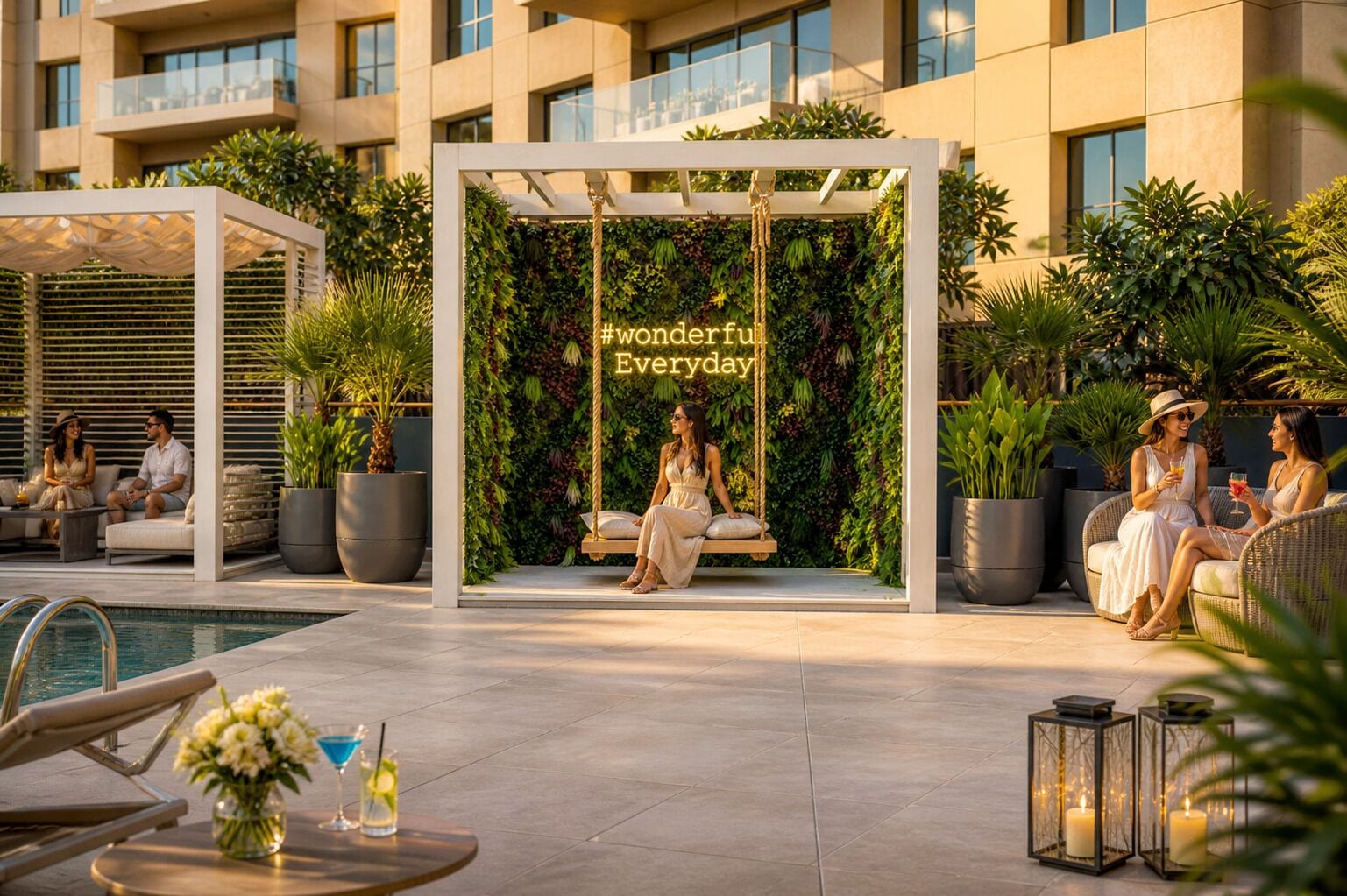 A rooftop lounge with a swing chair, outdoor seating, and a pool.