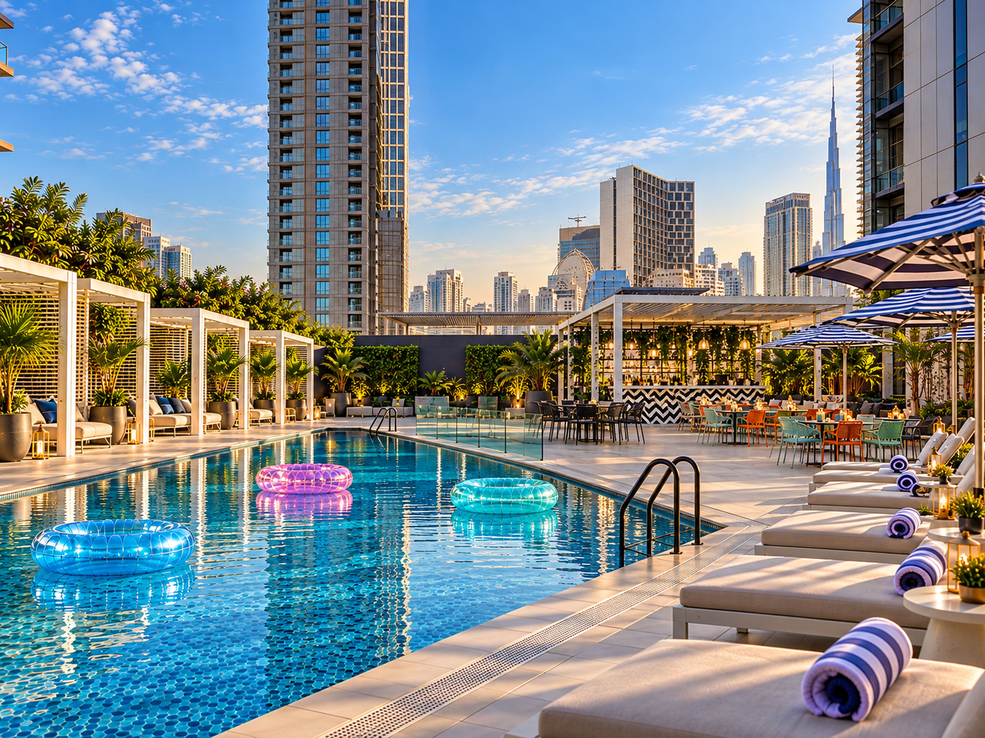 A rooftop pool with lounge chairs and umbrellas, surrounded by high-rise buildings.
