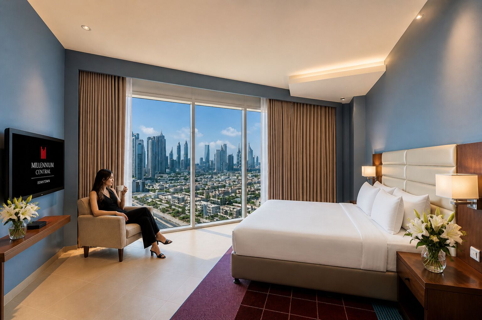 A hotel room with a bed, a TV, a desk, and a large window with a city view.