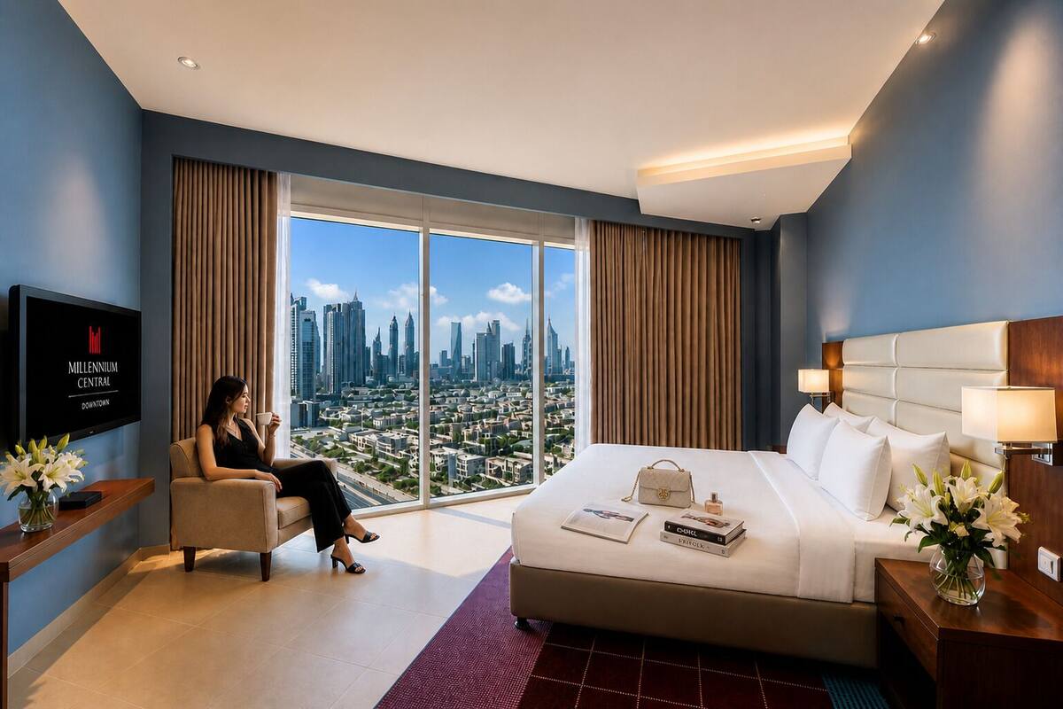 A hotel room with a large bed, a television, a view of the cityscape, and a city skyline visible through the window.