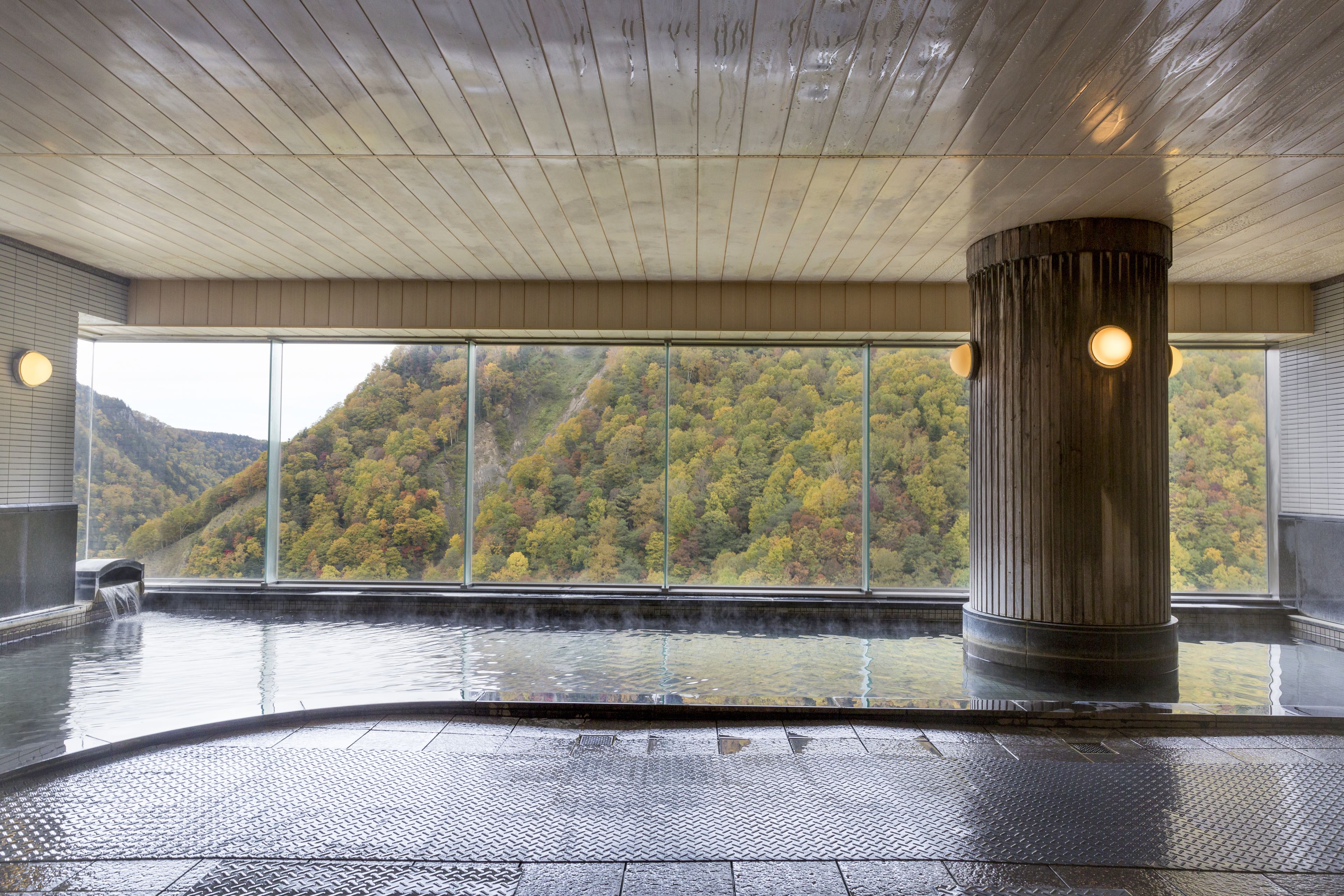 A hot spring area with a large window view of a forested hillside.