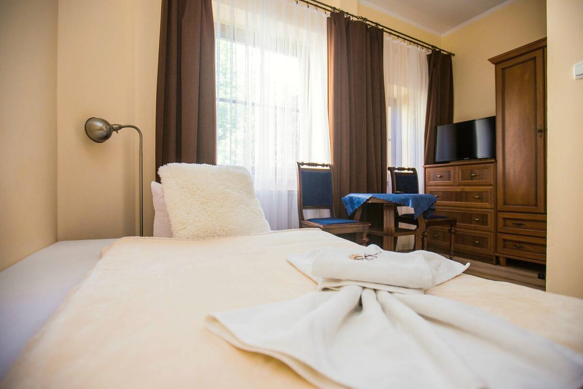 Een hotelkamer met een bed, bureau, stoel, televisie en kledingkast.