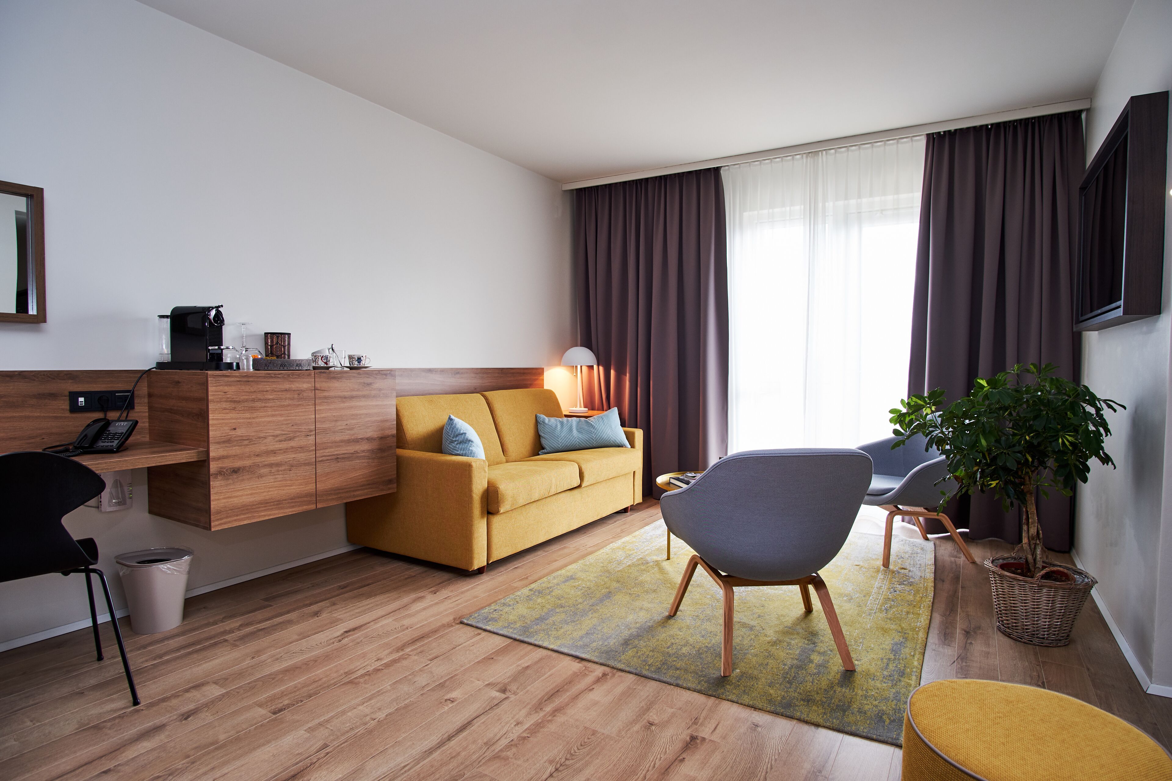 Una sala de estar moderna con un sofá, sillones, una cafetera y una planta en maceta.