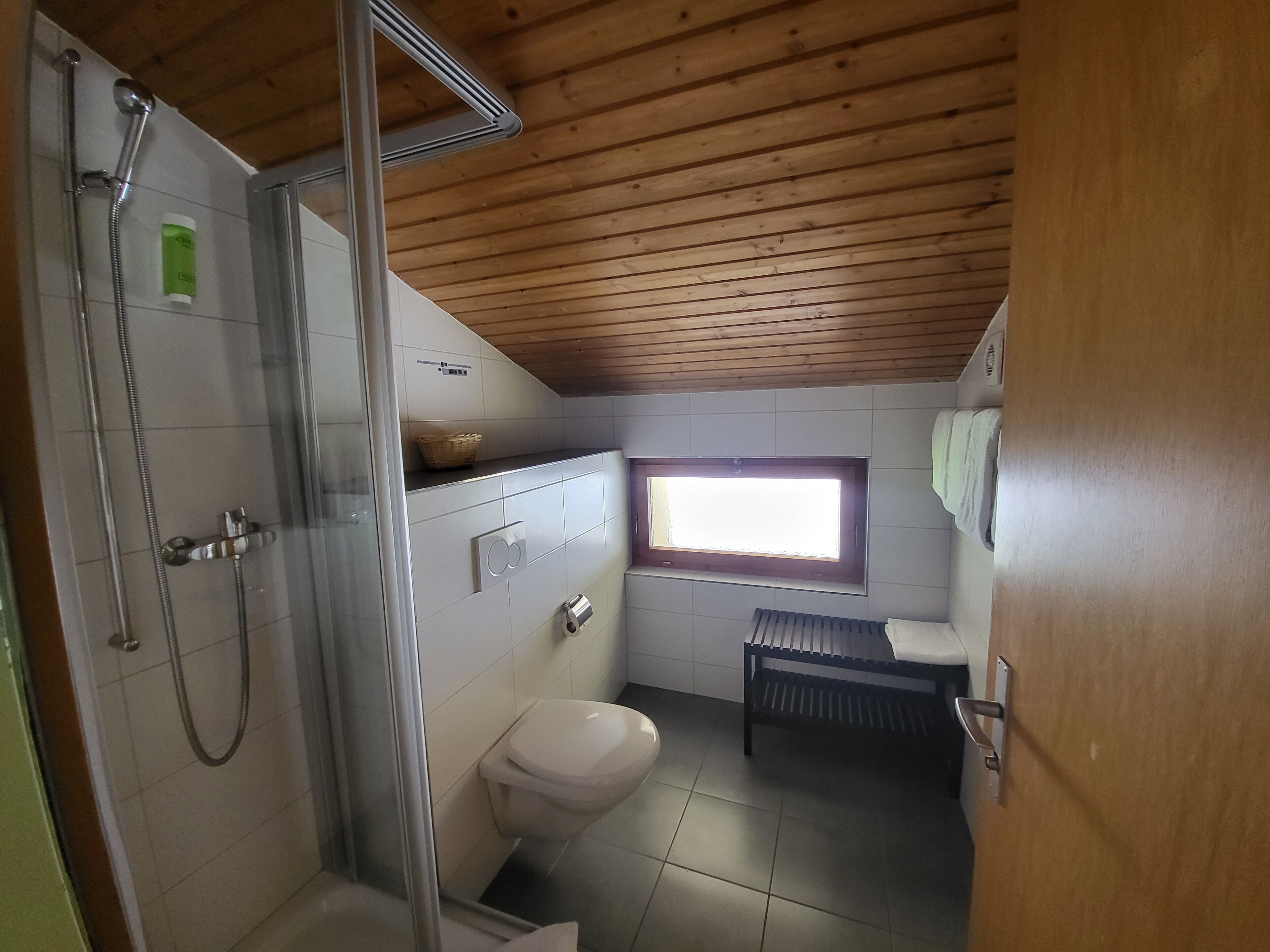 family room | bathroom | shower, hair dryer, towels