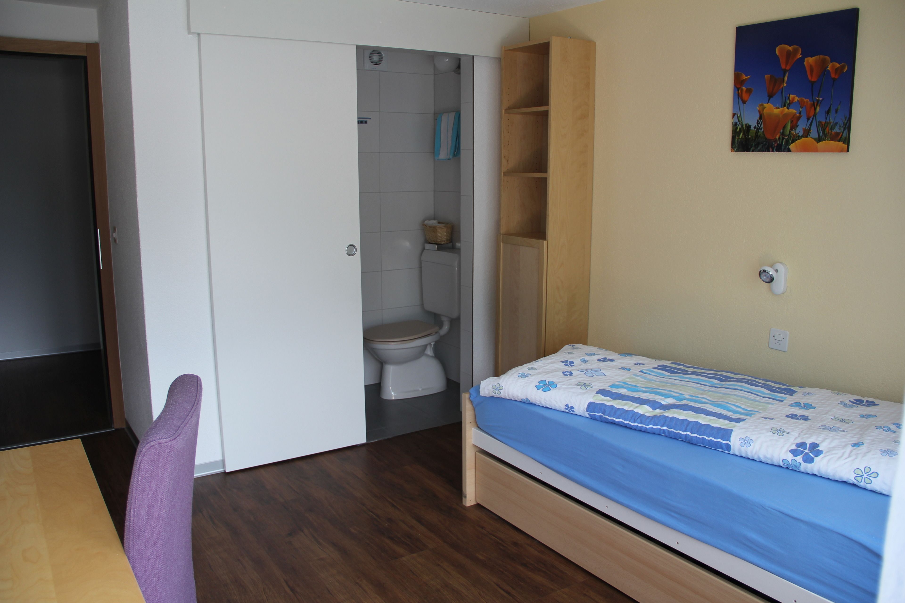 Una camera da letto con un letto, un armadio in legno, un bagno con il water e la doccia, e una porta che dà su un'altra stanza.