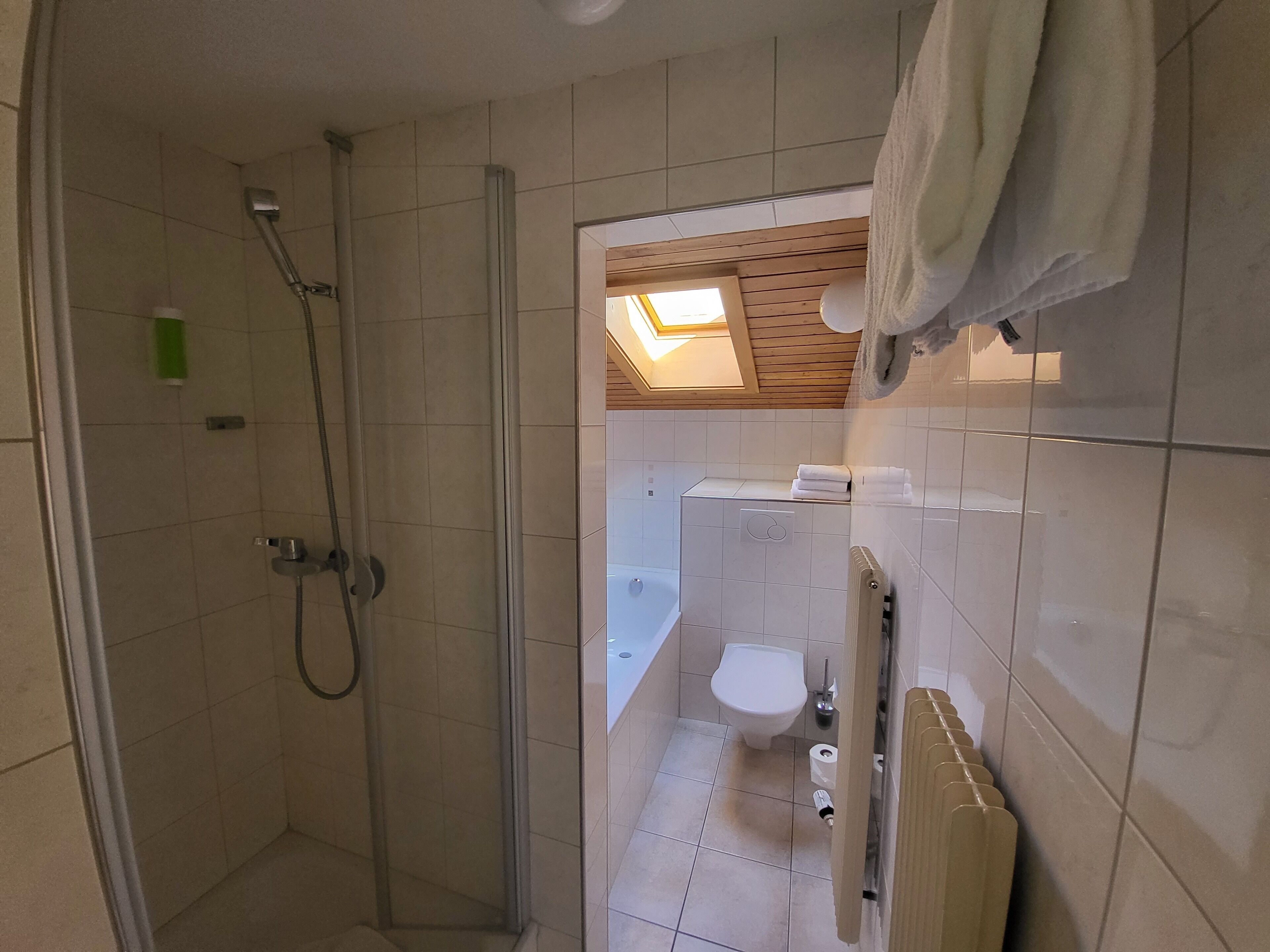 family room | bathroom | shower, hair dryer, towels