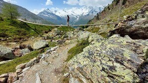 A person standing on a suspension bridge in a mountainous area with snow-capped peaks in the background. - Pension Heino (Saas Grund)