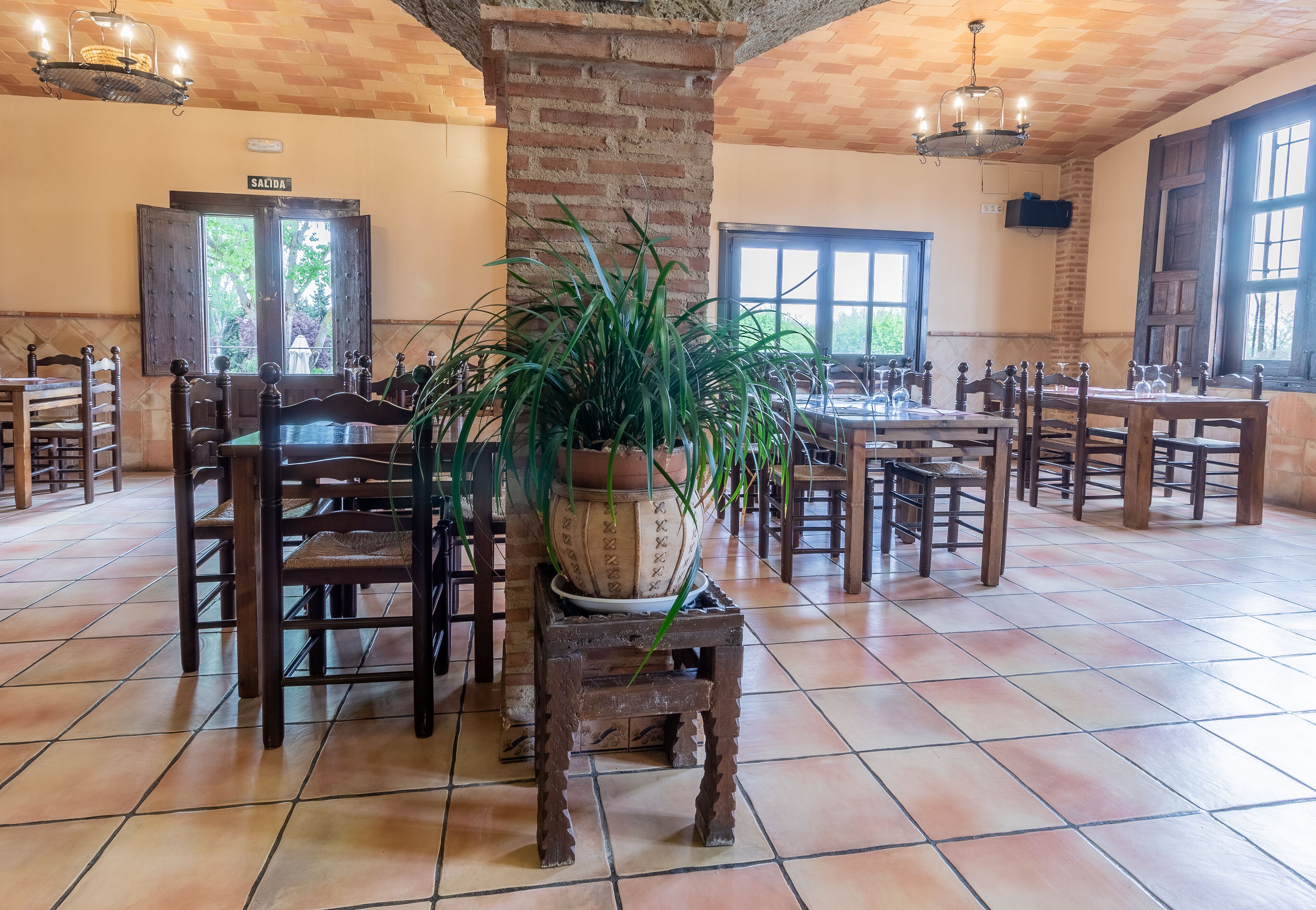 Un amplio comedor con mesas y sillas de madera, una planta grande en maceta y un letrero que indica la salida.