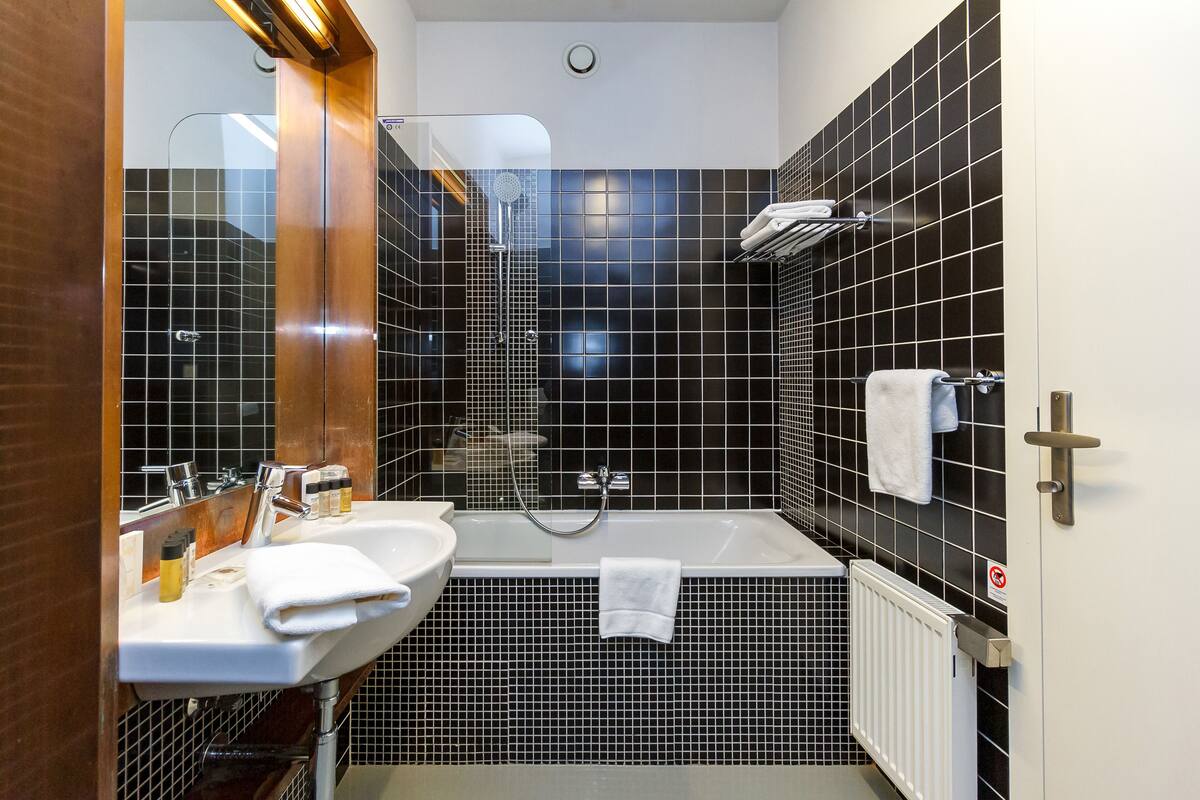 deluxe double room | bathroom | shower, free toiletries, hair dryer, towels