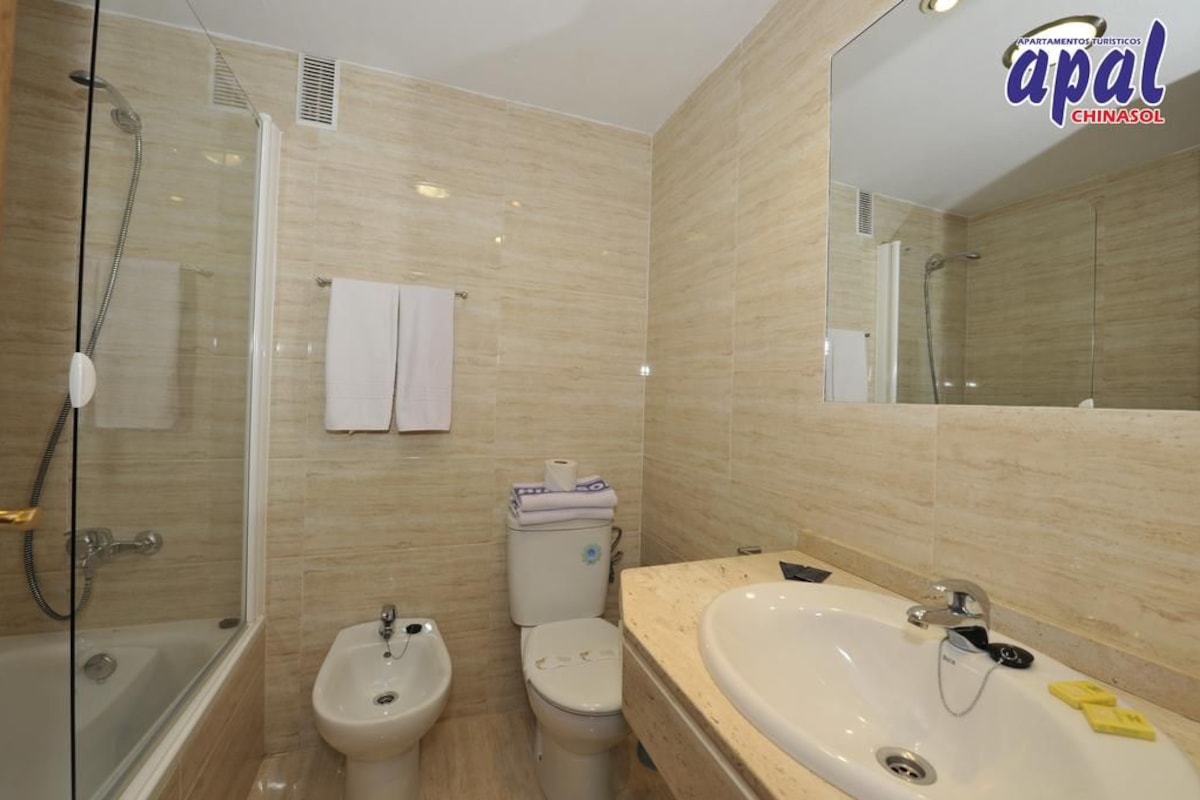A modern bathroom with a glass-enclosed shower, a bidet, a toilet, and a large sink with a mirror.