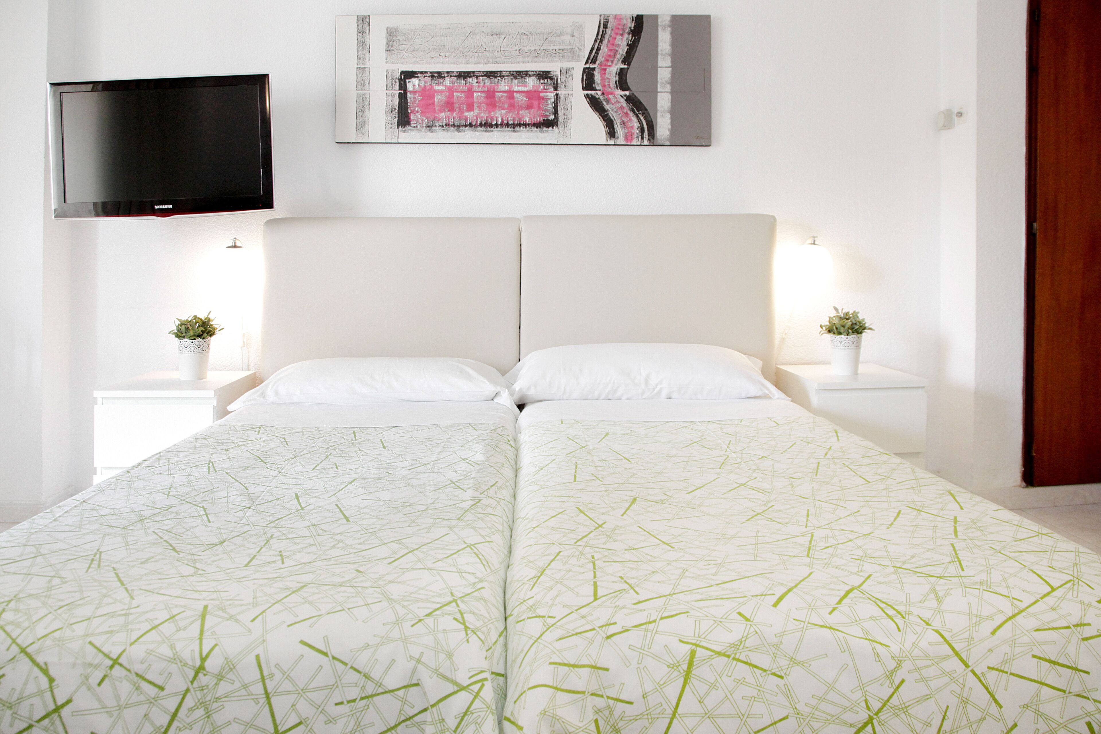 A double bed with a geometric patterned bedspread, a flat-screen TV mounted above it, and two bedside tables with small potted plants.