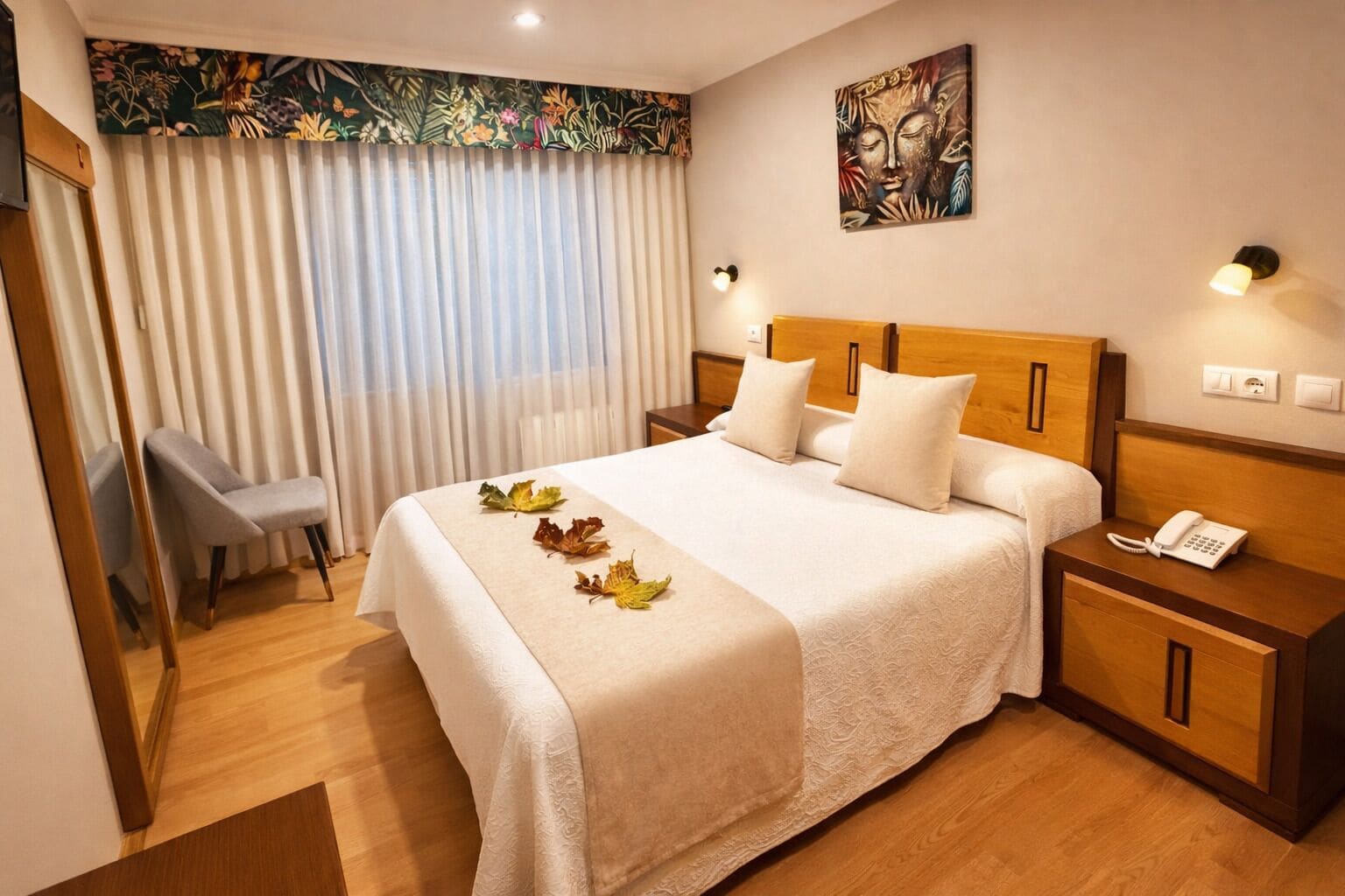 A hotel room with a bed, a chair, a bedside table with a phone, and a wall with a painting.