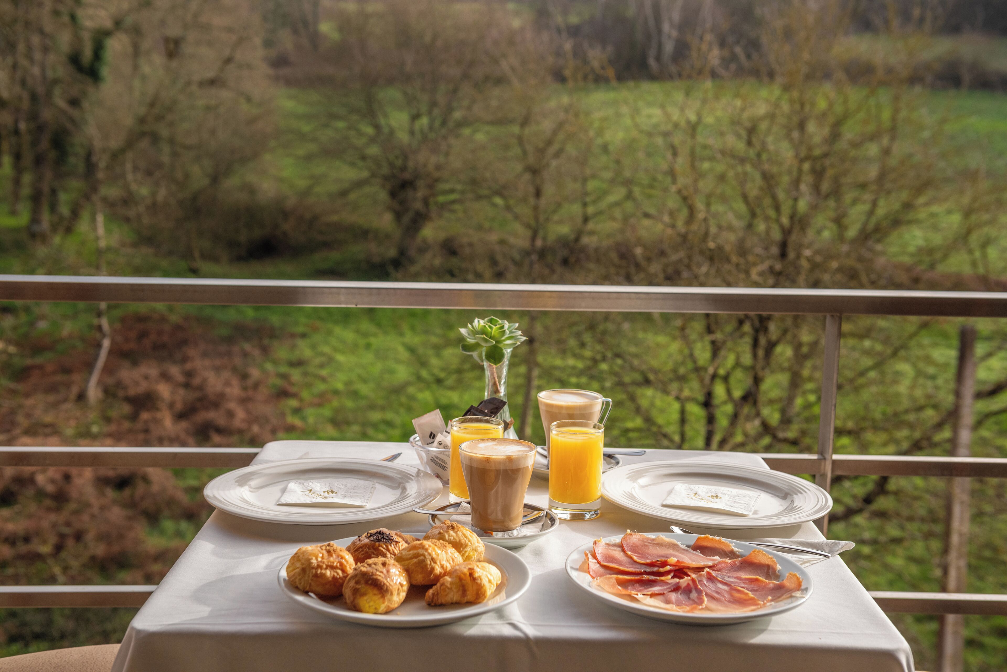Een ontbijttafel met croissants, ham, koffie en sinaasappelsap, met uitzicht op een bebost landschap.