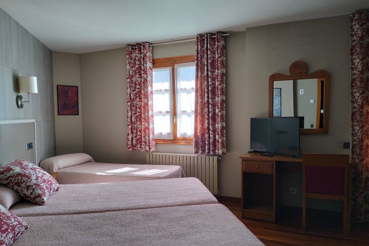 Una habitación de hotel con dos camas, un televisor, un espejo y una ventana con cortinas.