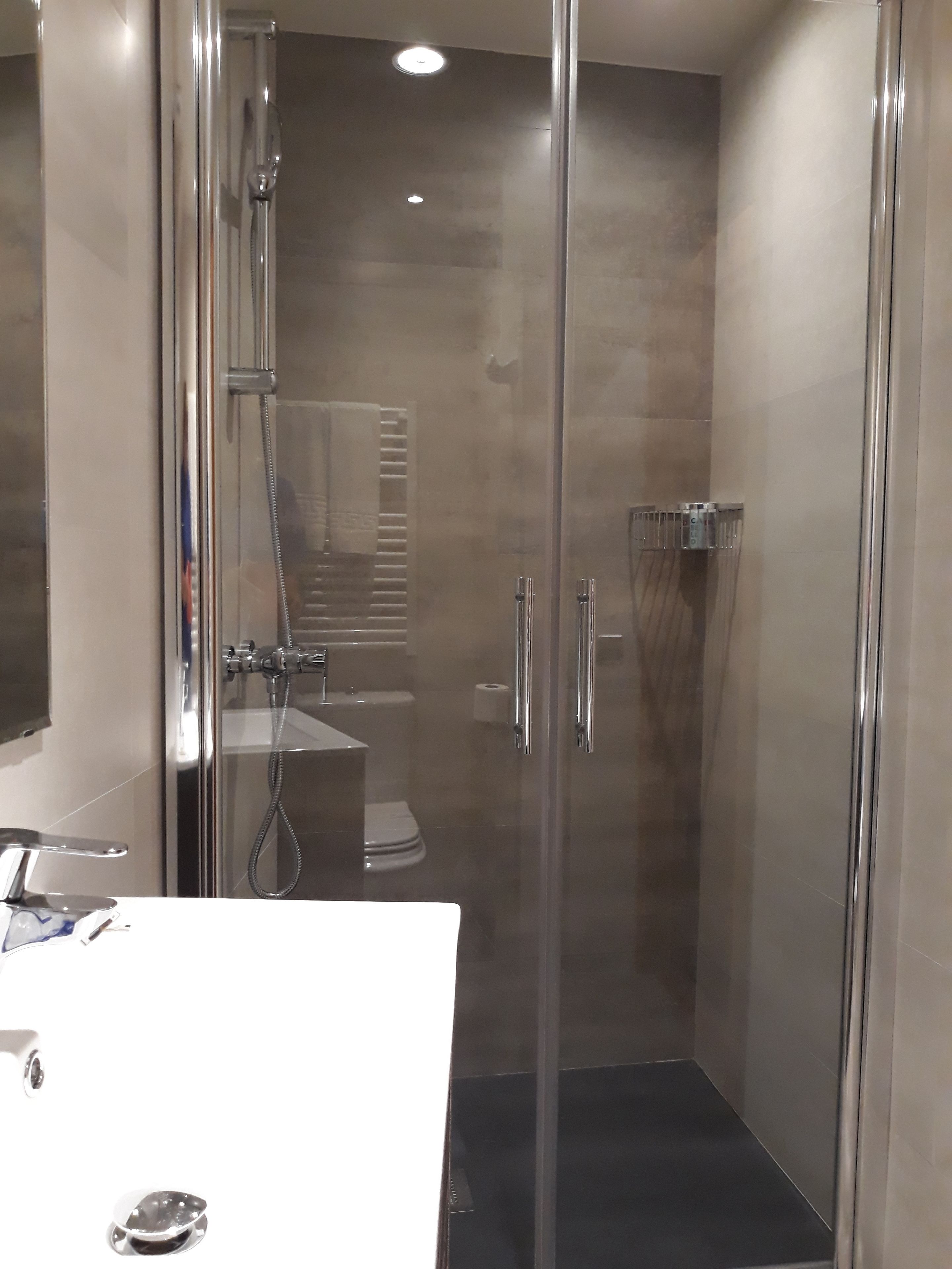 combined shower/bathtub, free toiletries, hair dryer, towels