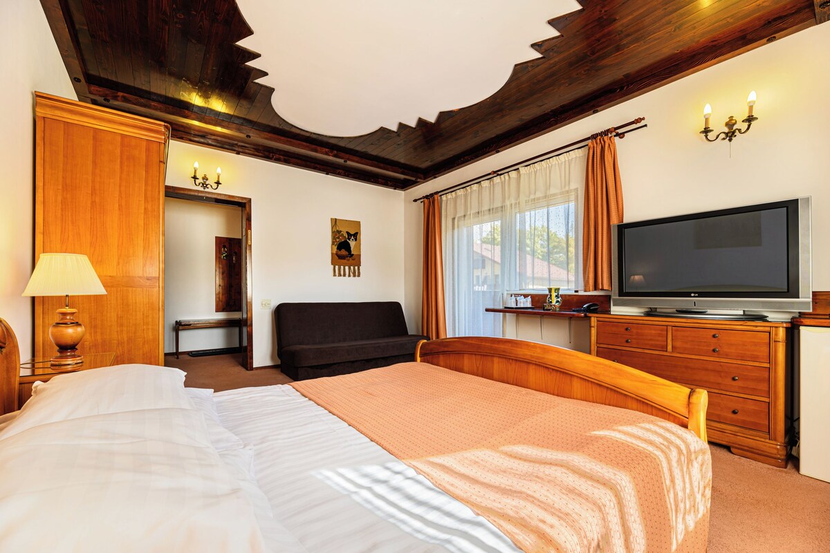 A hotel room with a bed, a television, a wooden dresser, a desk, and a lamp.