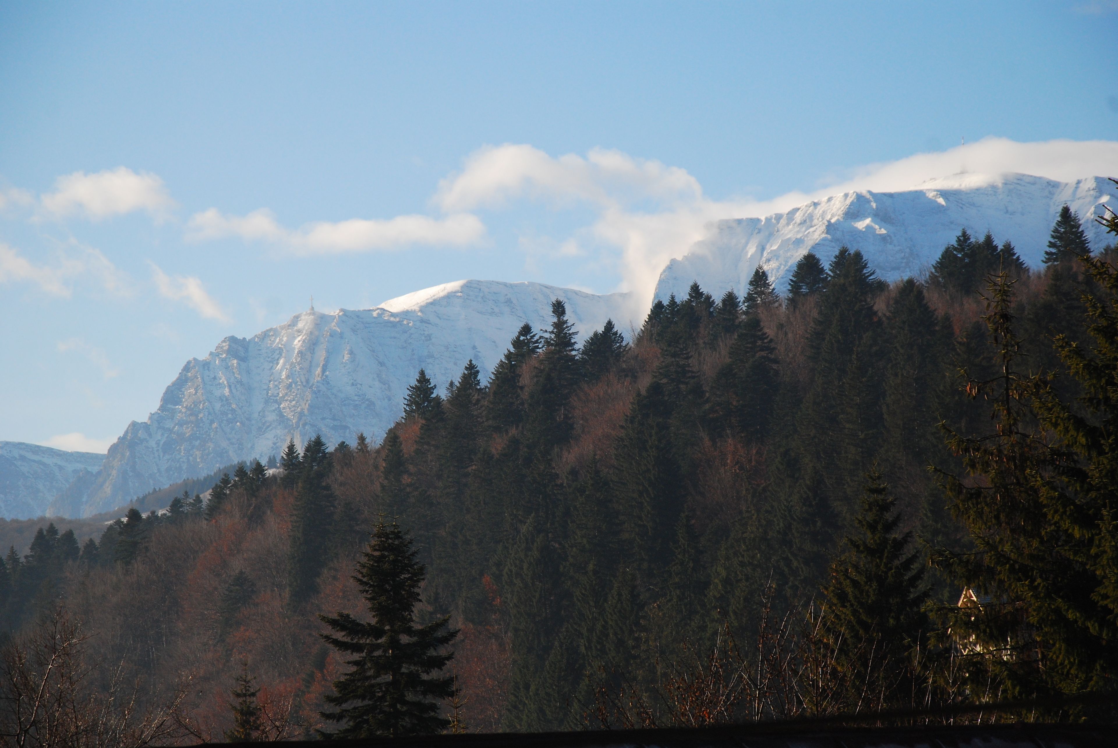 A mountainous landscape with snow-capped peaks and dense forest.