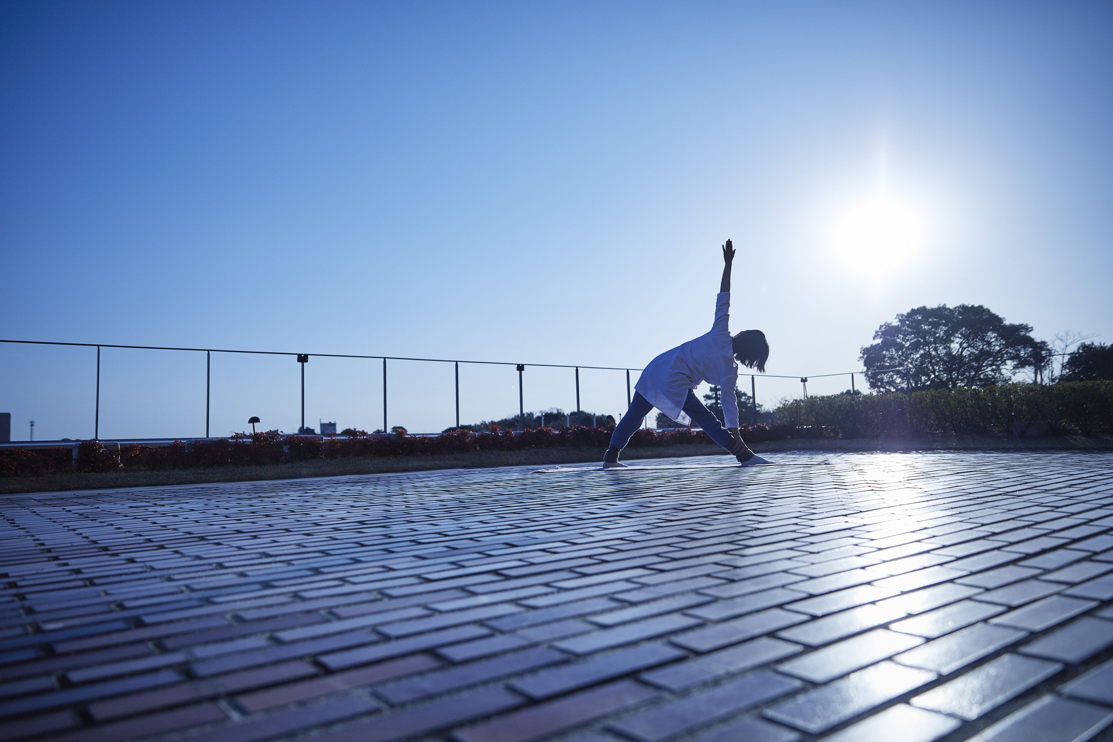 A person skateboarding on a brick pavement.