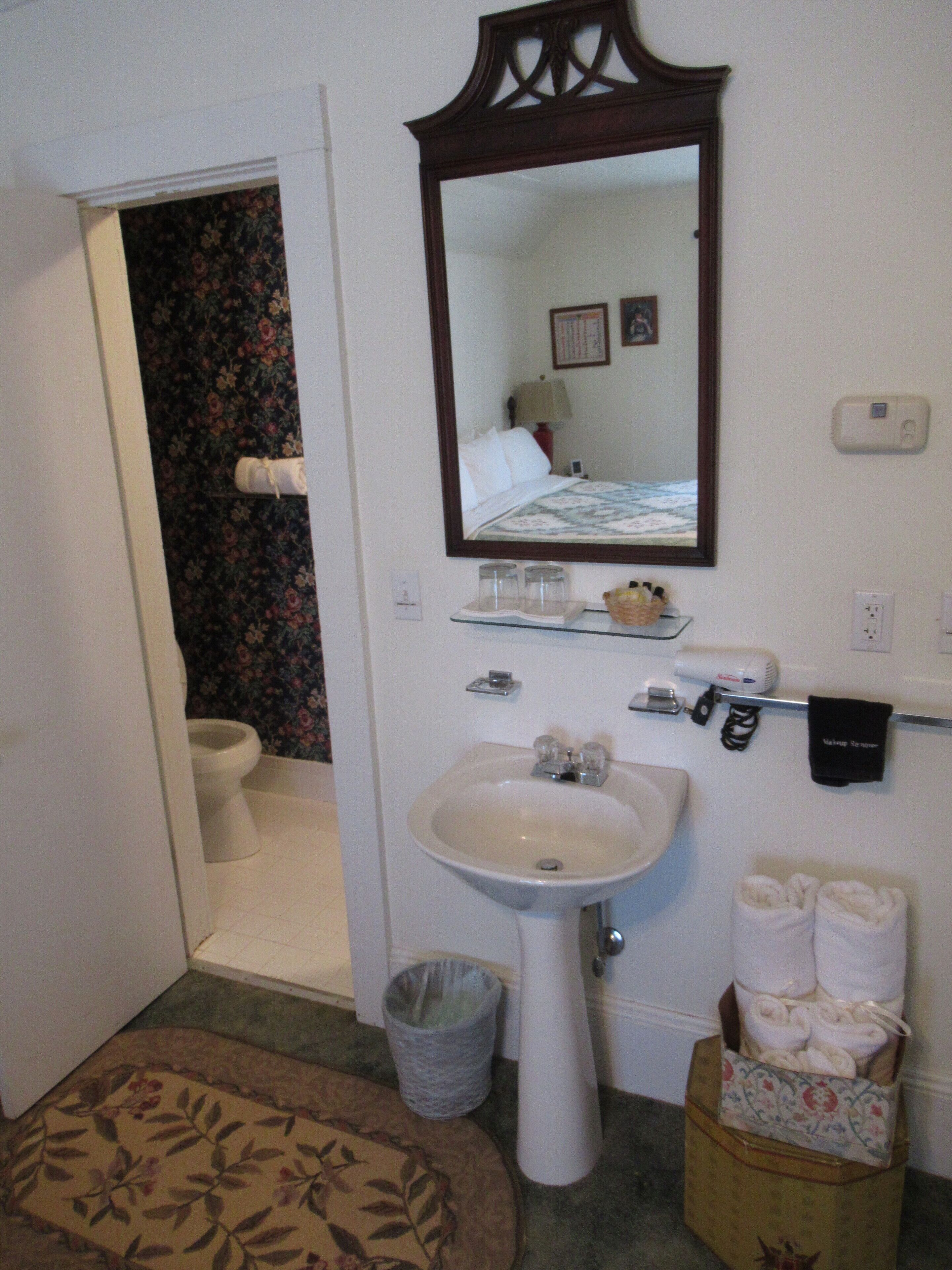 A bathroom with a sink, mirror, and toilet. There is a floral-patterned rug on the floor.