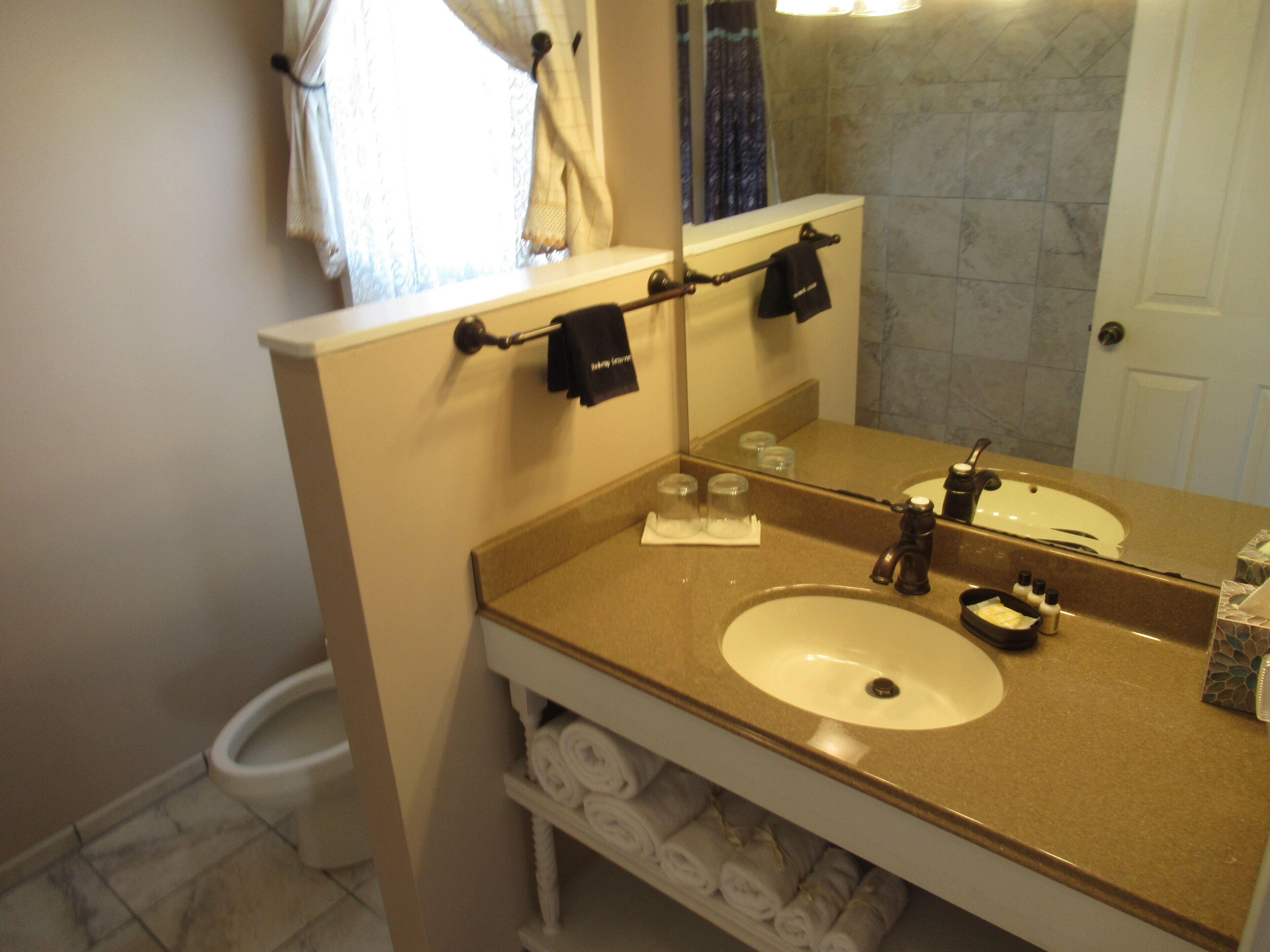 A bathroom with a sink, mirror, towel rack, and a toilet.