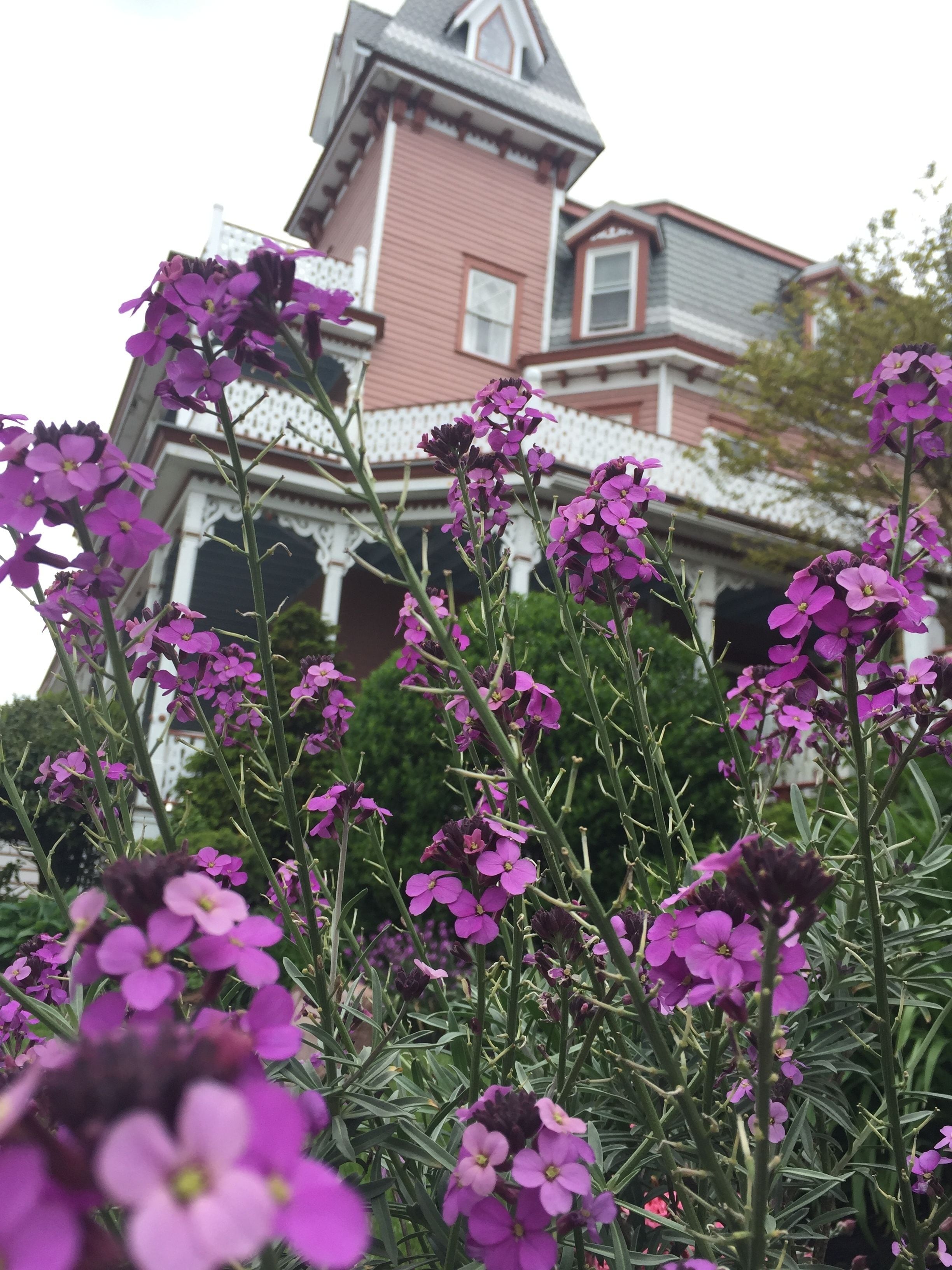 Una casa de estilo victoriano con una torre destacada y una valla de piquetes blancos.