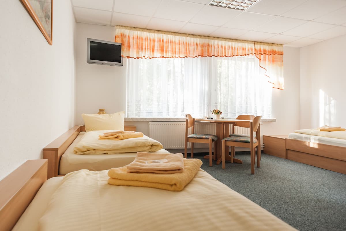 A hotel room with two single beds, a desk, and a chair.