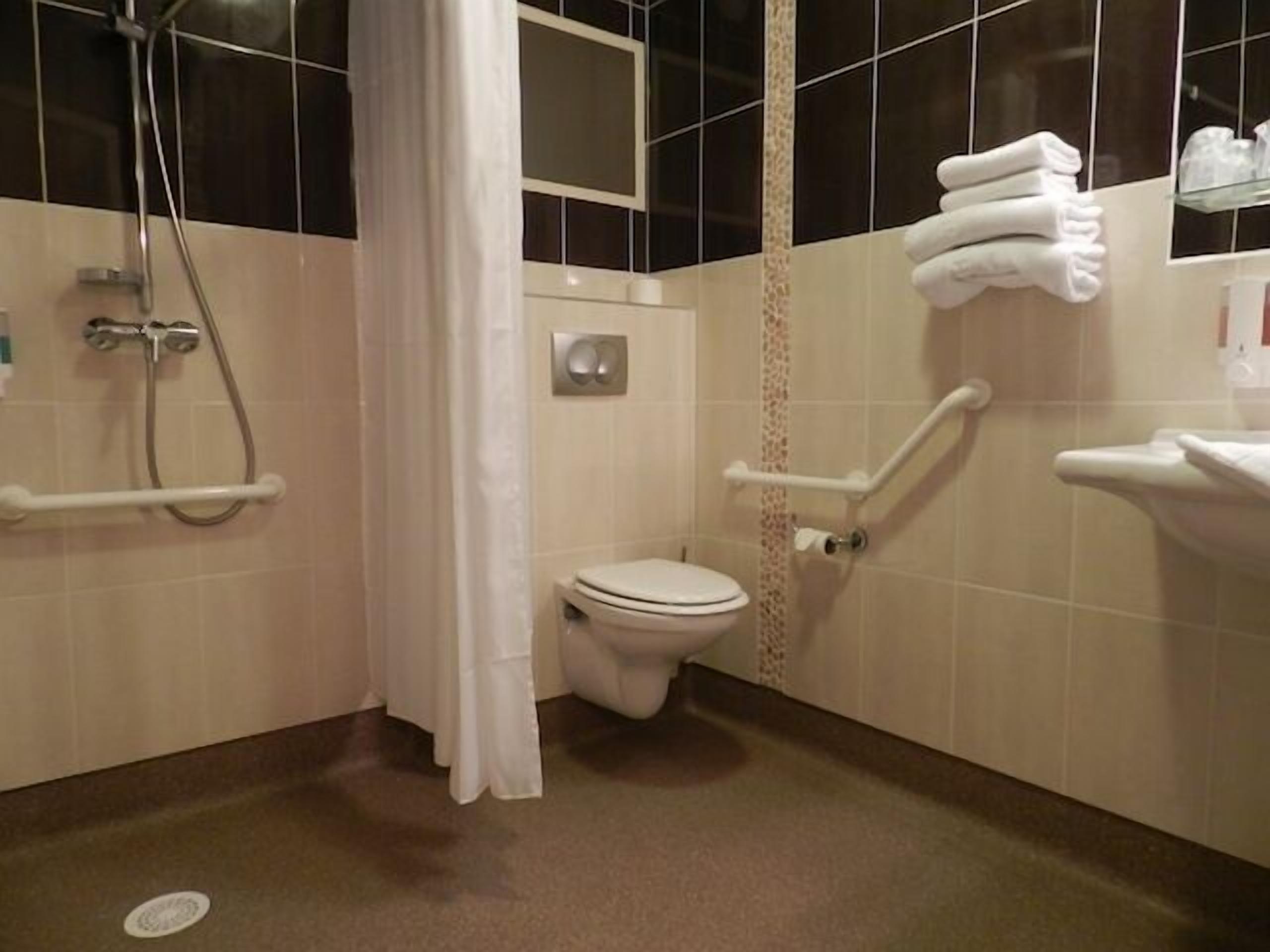 A bathroom with a toilet, shower, and grab bars.