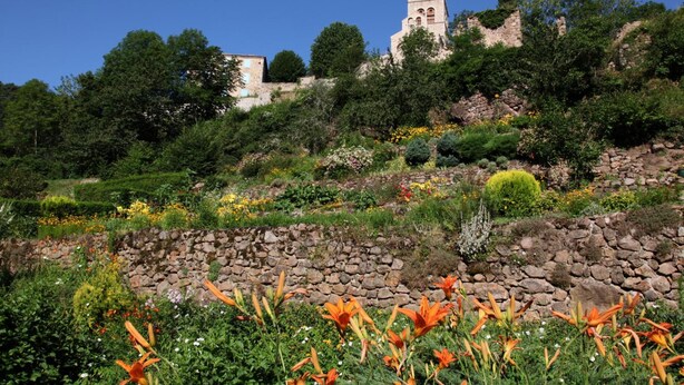 Een tuin met een stenen muur en een gebouw met een toren op de achtergrond.