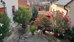 Una estrecha escalera de piedra que sube hacia un edificio con una torre de reloj al fondo.