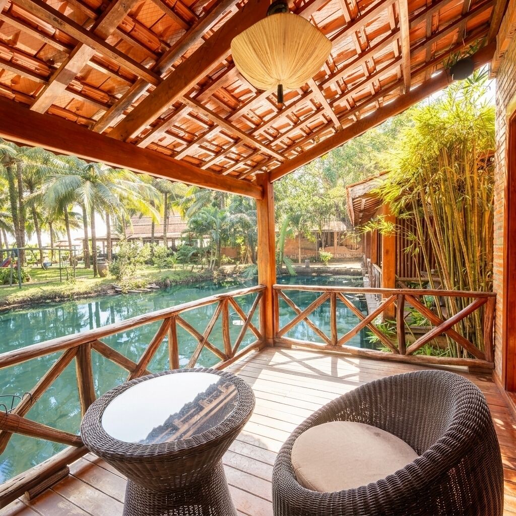Una terraza de madera con vistas a una masa de agua y vegetación circundante.