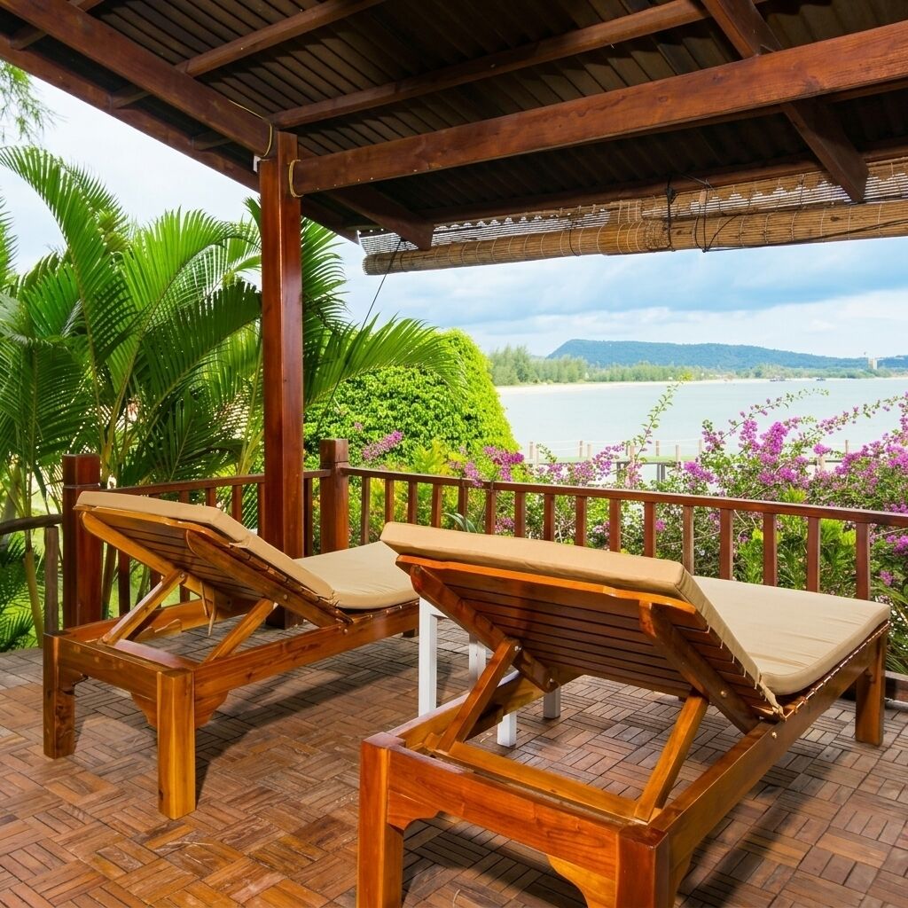 A wooden deck with two lounge chairs and a view of a body of water and hills.