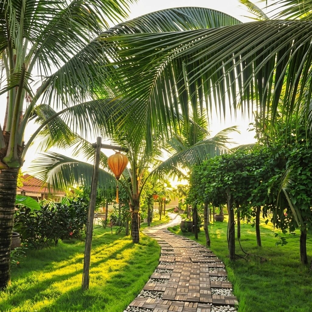 A paved pathway surrounded by lush greenery and palm trees, leading towards a building.
