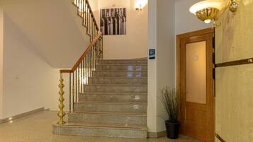 A staircase with a wooden handrail and a potted plant beside it.