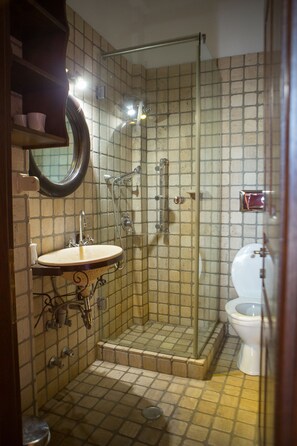 A bathroom with a glass-enclosed shower, a sink with a mirror above it, and a toilet. - Oikoperiigitis Hotel (Sintiki)